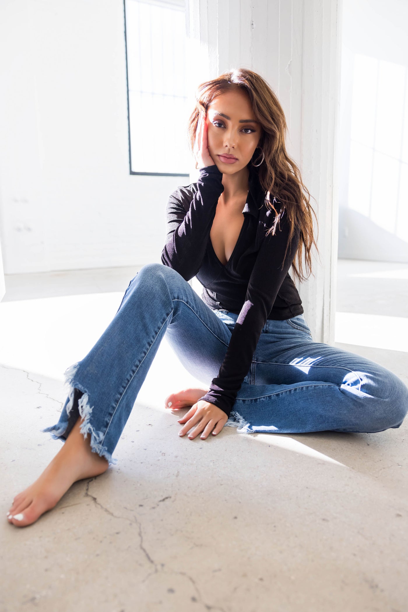 KanCan Medium Frayed Shark Bite Bootcut Jeans