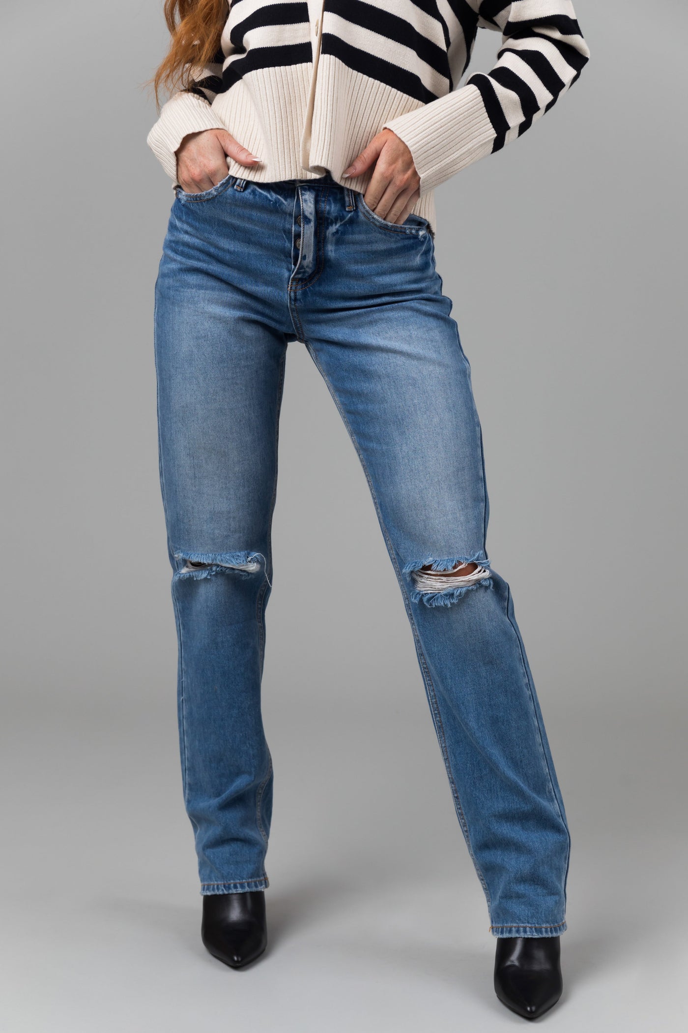 KanCan Medium Wash Distressed High Rise Straight Jeans