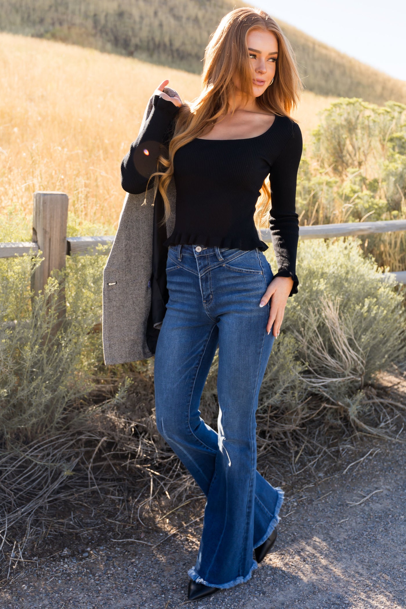 KanCan Medium Wash High Rise Frayed Hem Flare Jeans