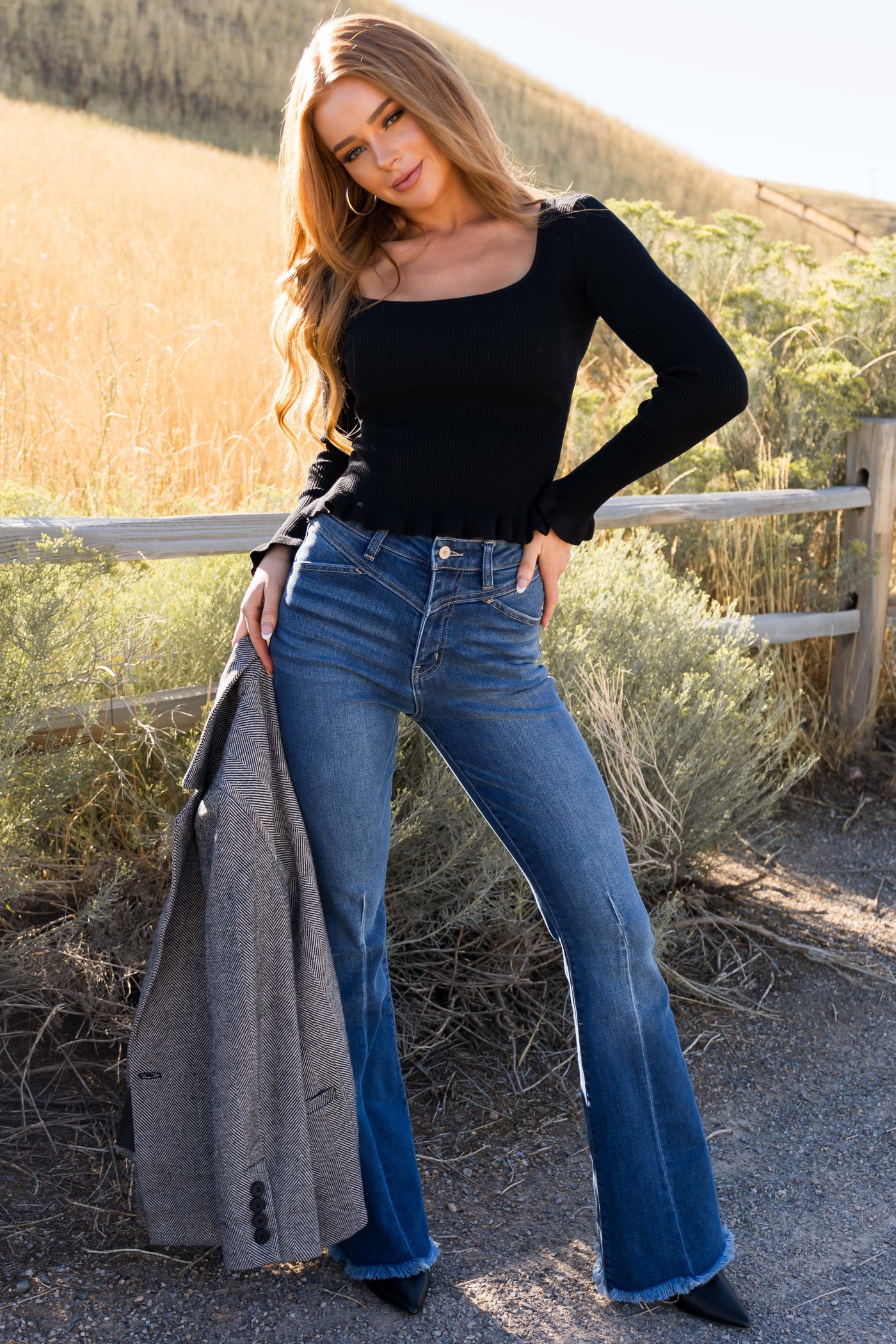 KanCan Medium Wash High Rise Frayed Hem Flare Jeans