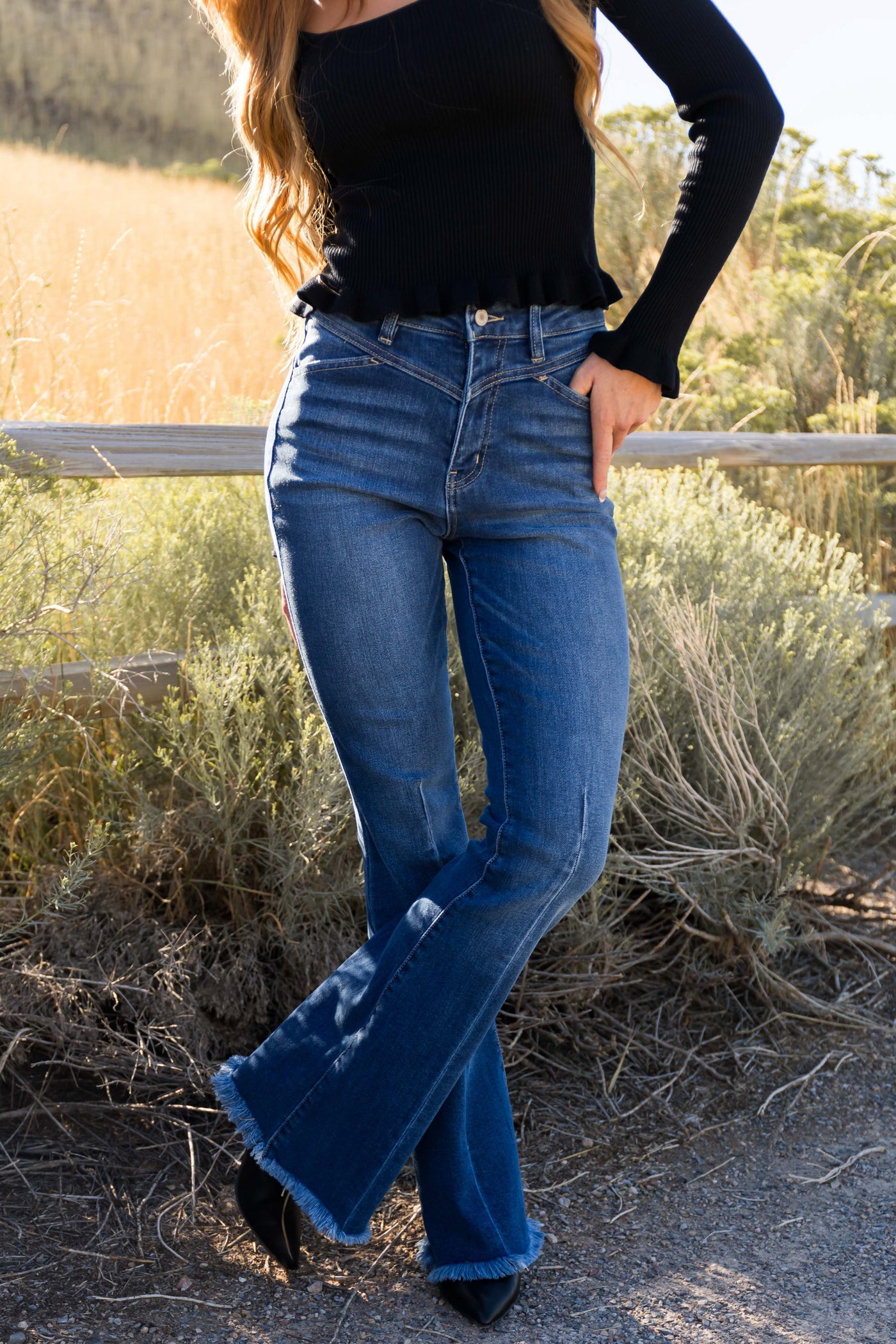 KanCan Medium Wash High Rise Frayed Hem Flare Jeans