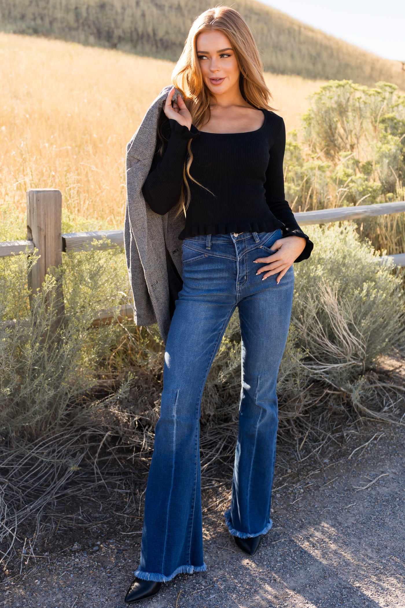 KanCan Medium Wash High Rise Frayed Hem Flare Jeans