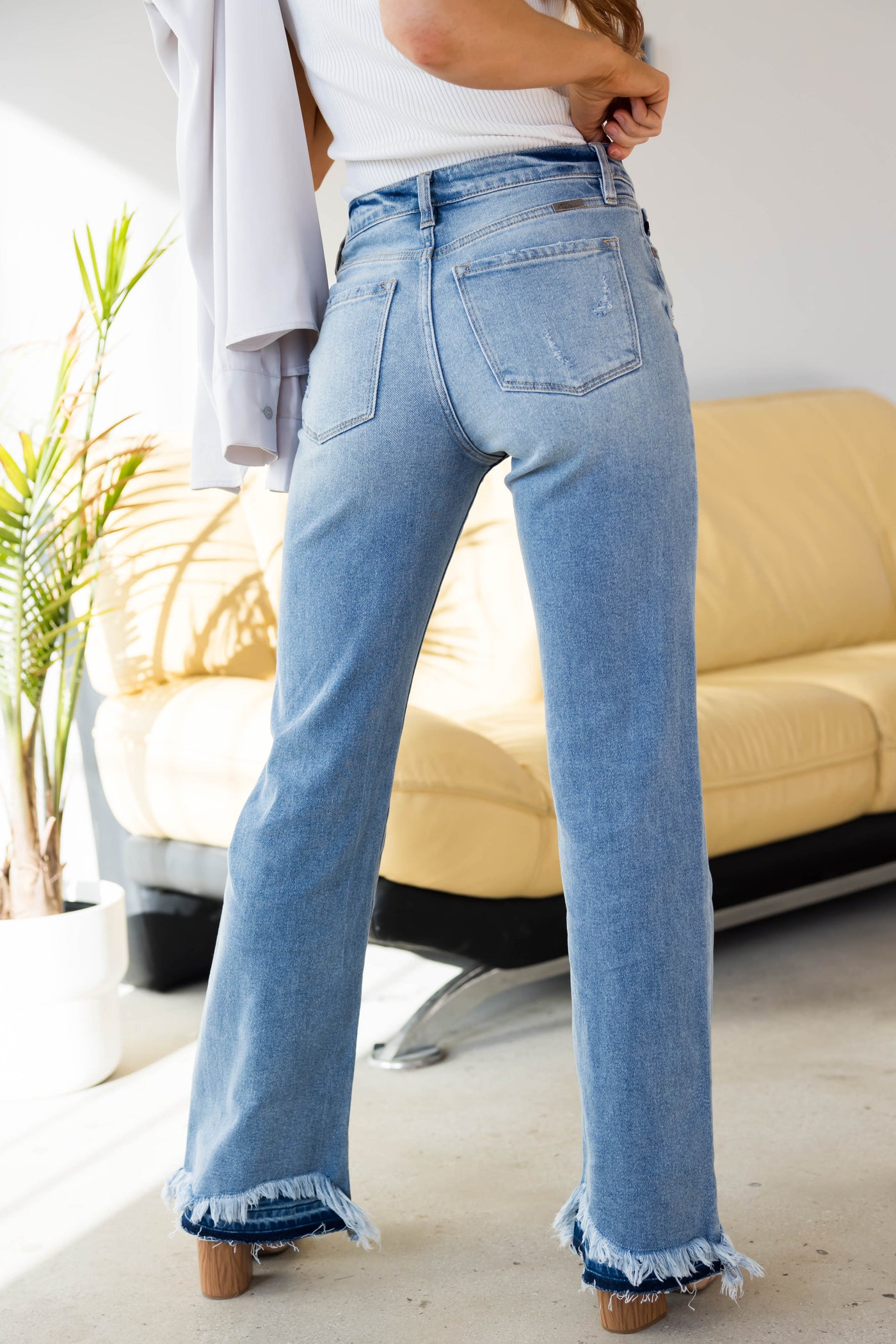 KanCan High Rise Flare Distressed Hem Jeans