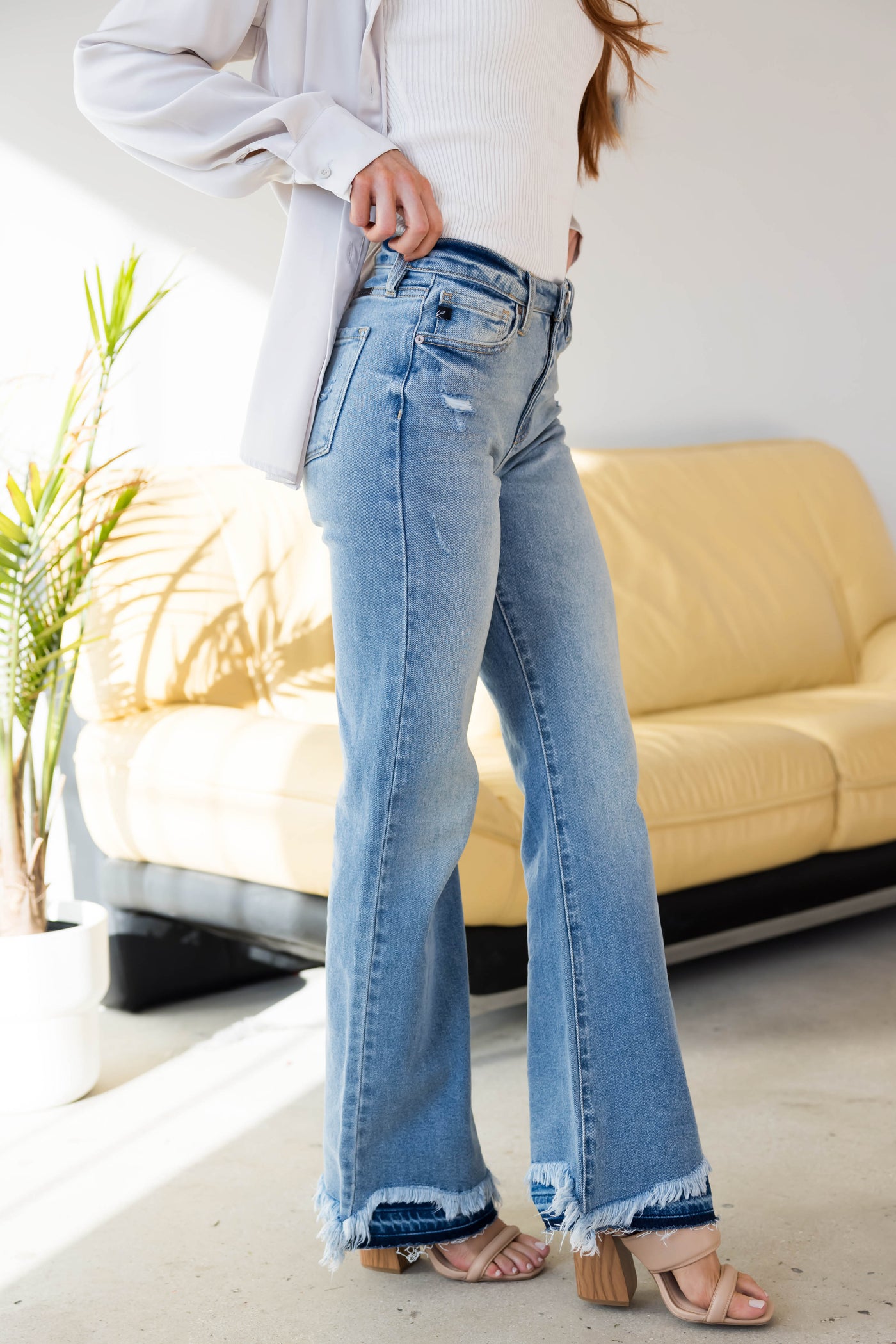 KanCan High Rise Flare Distressed Hem Jeans