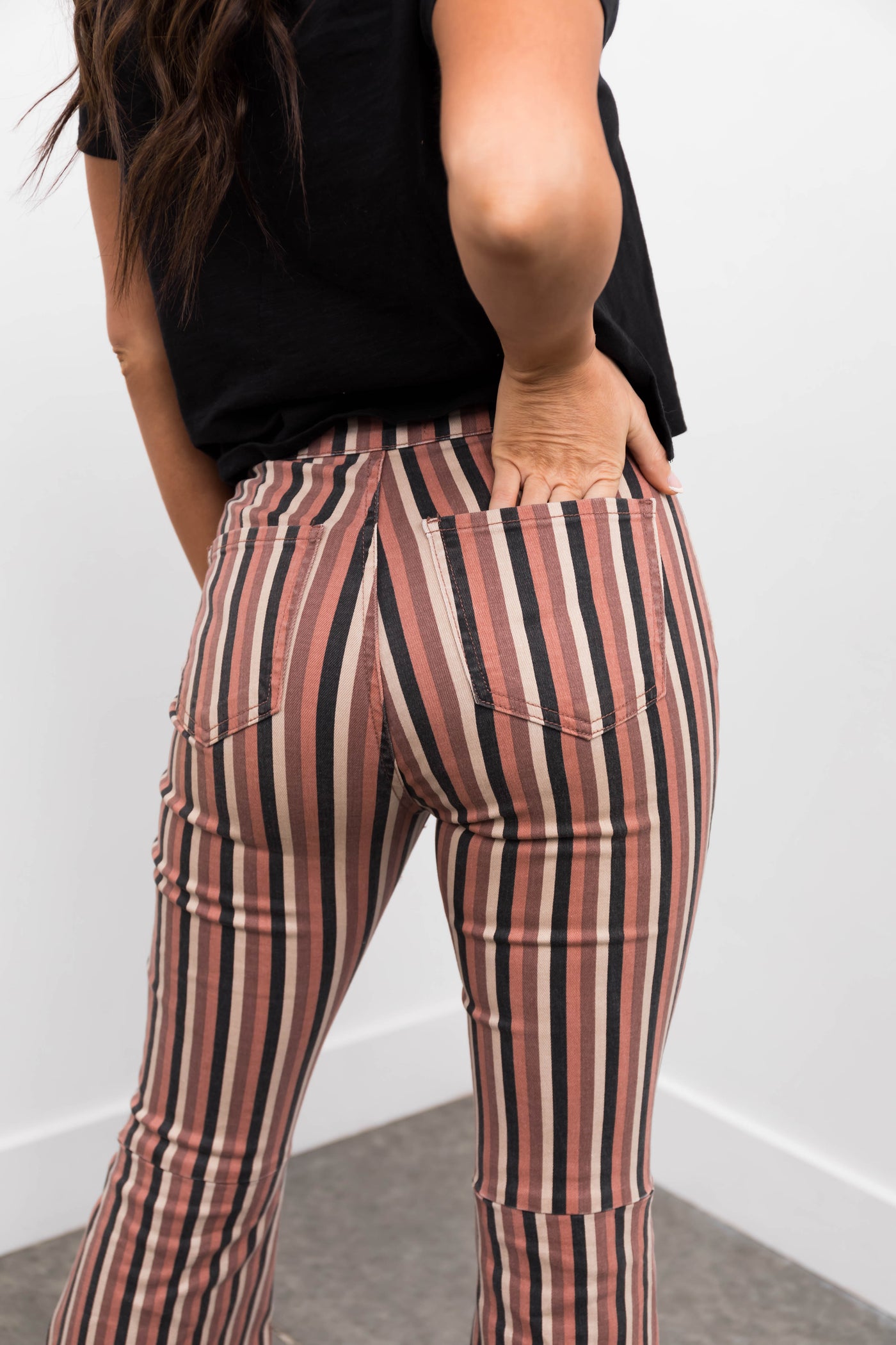 KanCan Rose Taupe Striped Super Flare Jeans