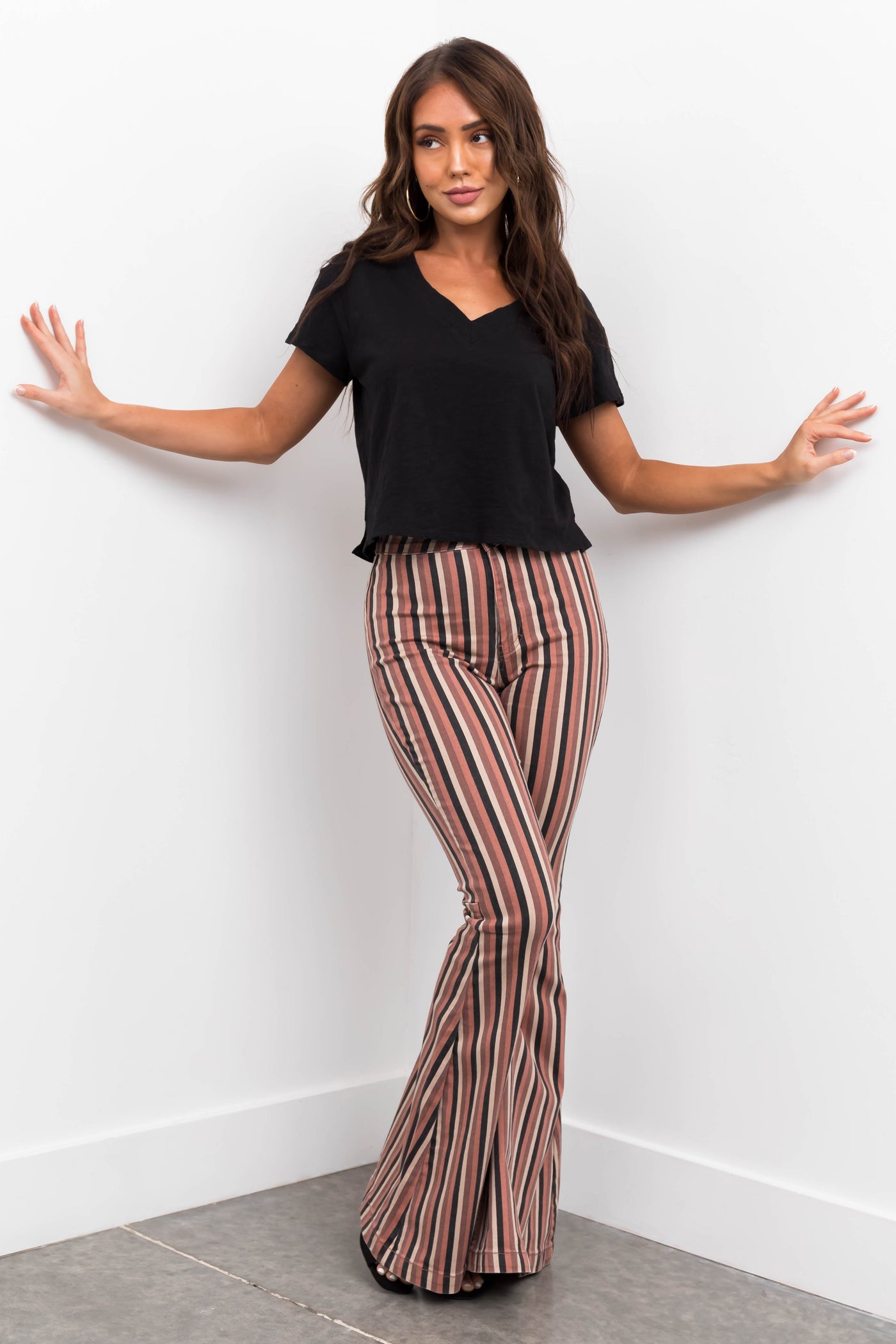KanCan Rose Taupe Striped Super Flare Jeans