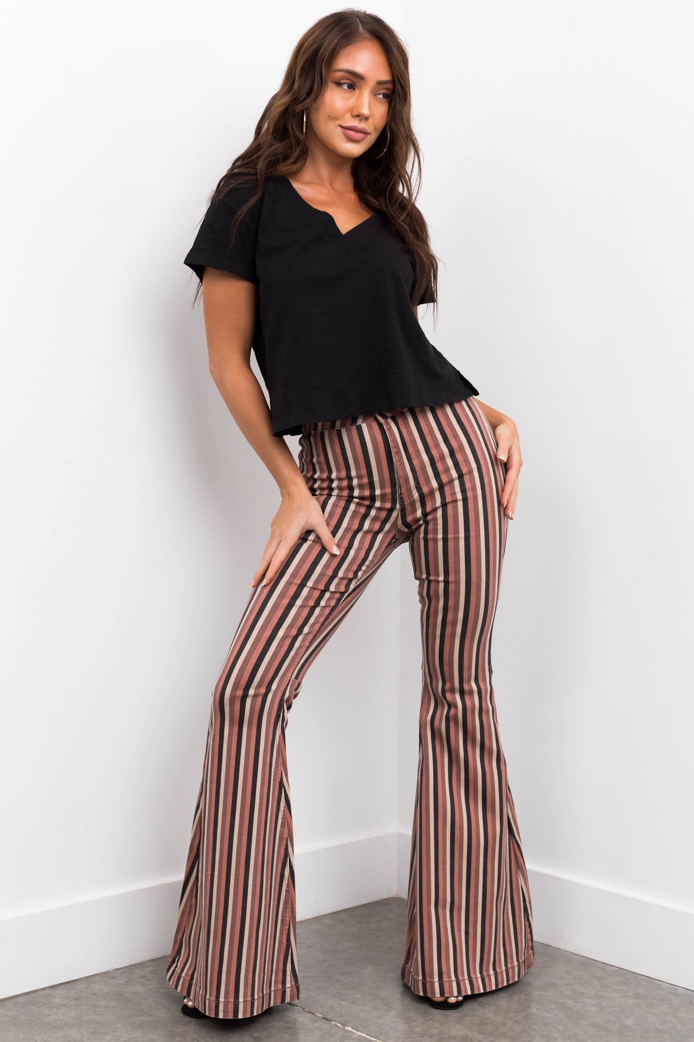 KanCan Rose Taupe Striped Super Flare Jeans