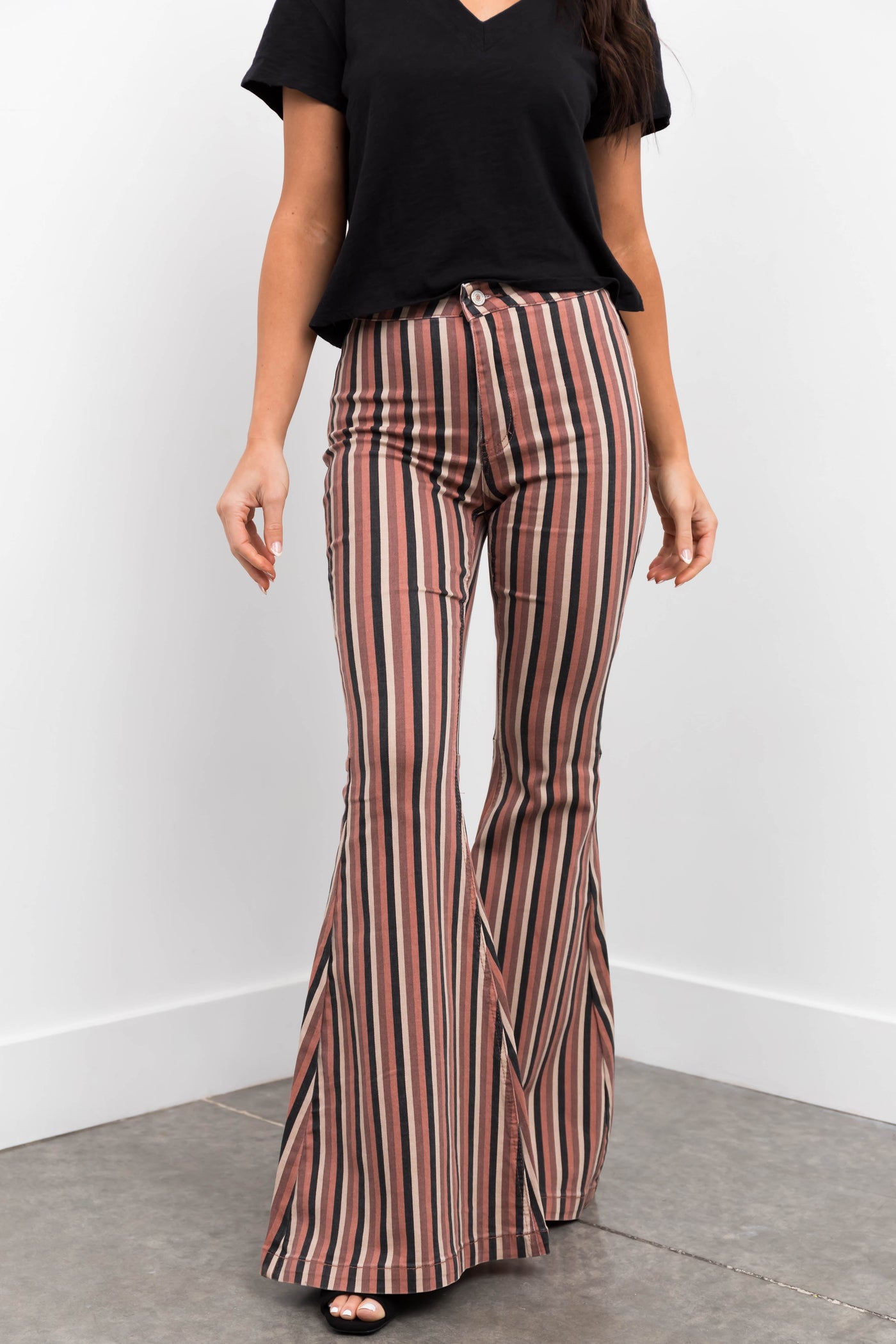 KanCan Rose Taupe Striped Super Flare Jeans