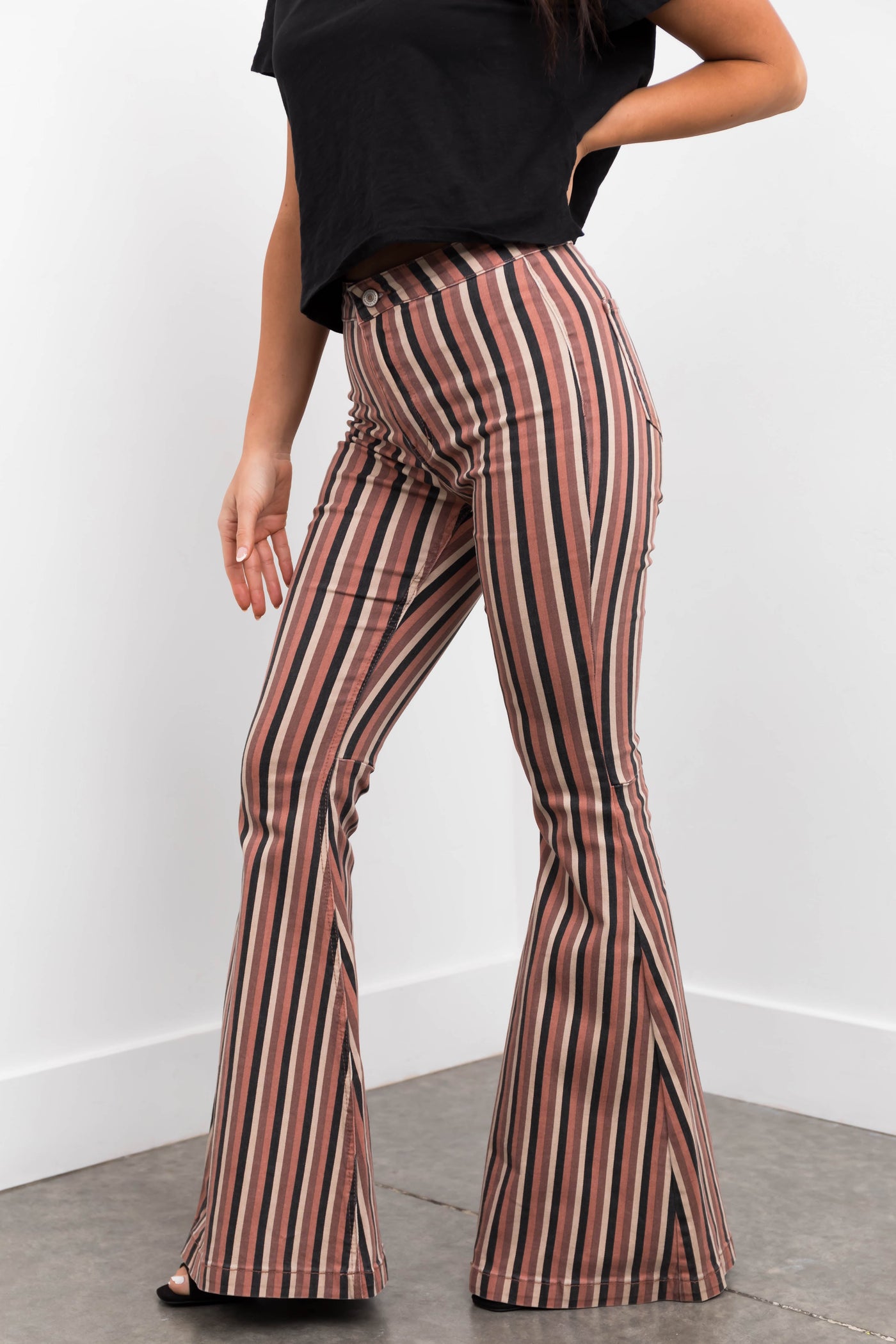 KanCan Rose Taupe Striped Super Flare Jeans