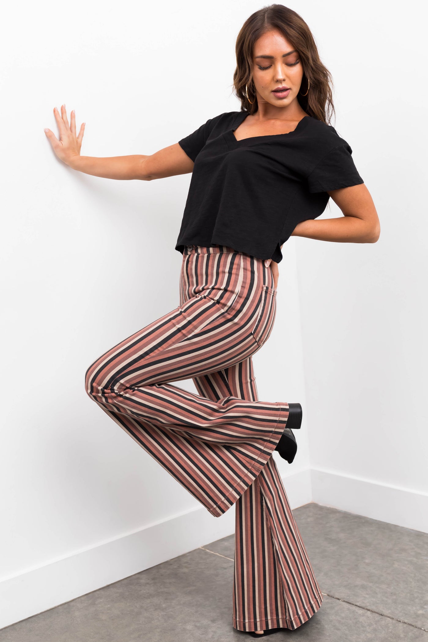 KanCan Rose Taupe Striped Super Flare Jeans
