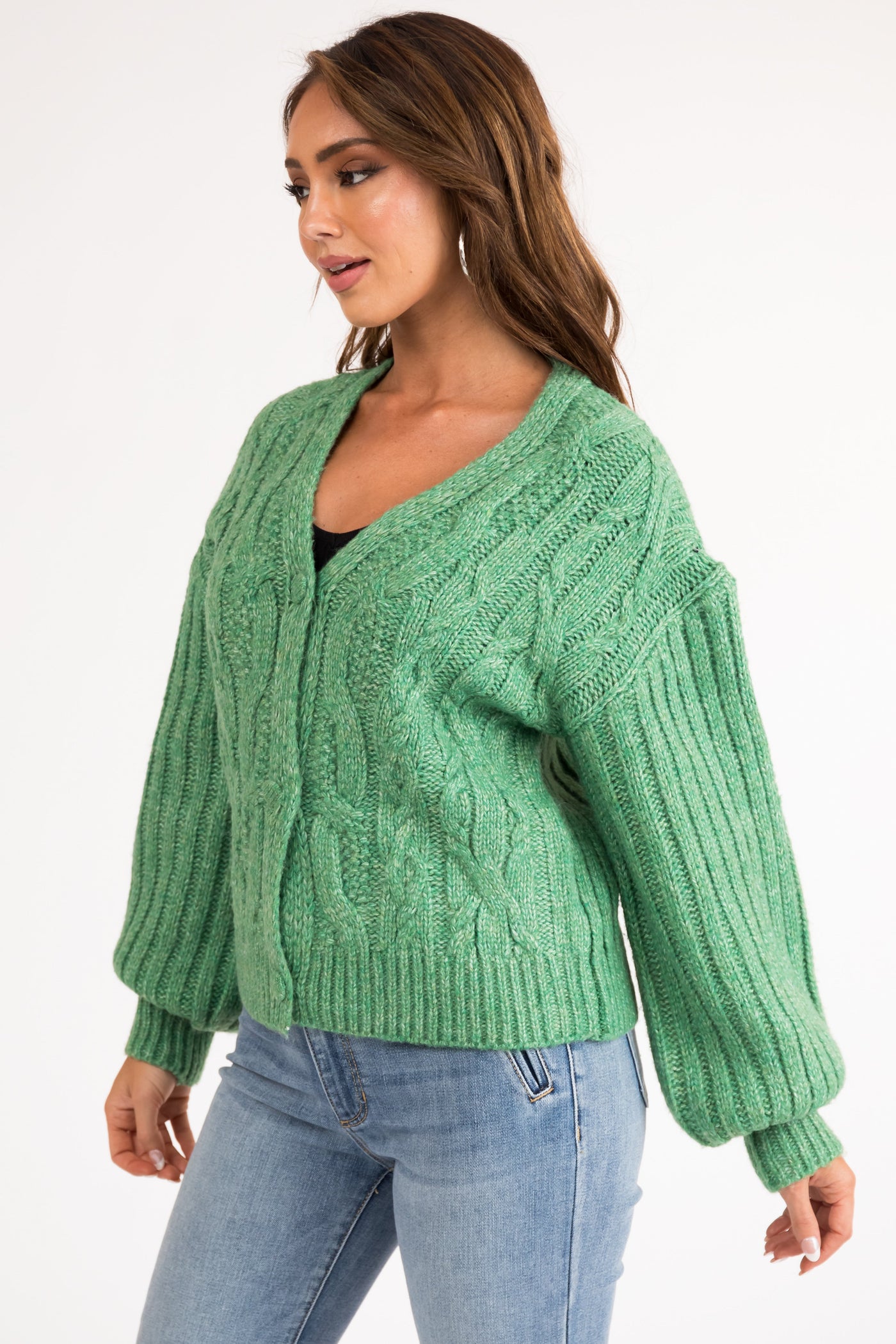 Kelly Green Cable Knit Button Up Cardigan
