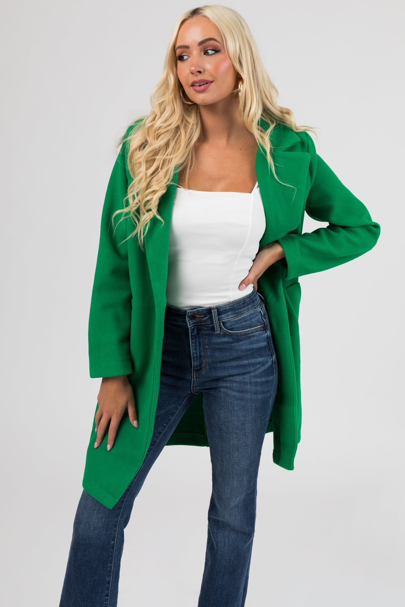 Kelly Green Collared V Neck Buttoned Coat