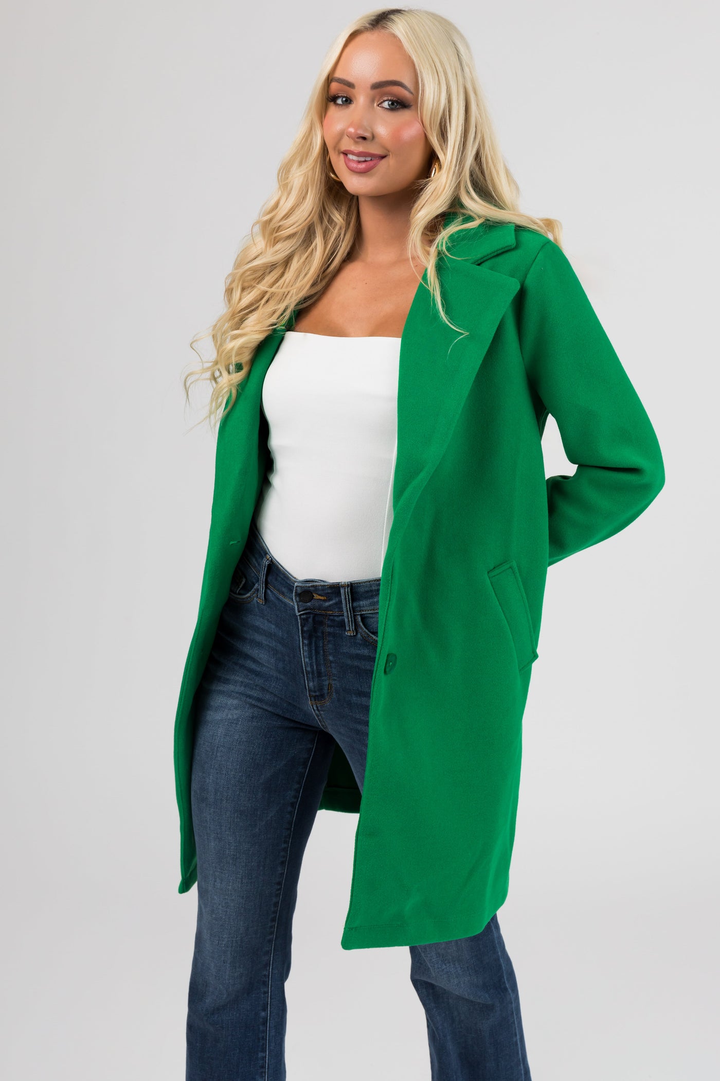 Kelly Green Collared V Neck Buttoned Coat