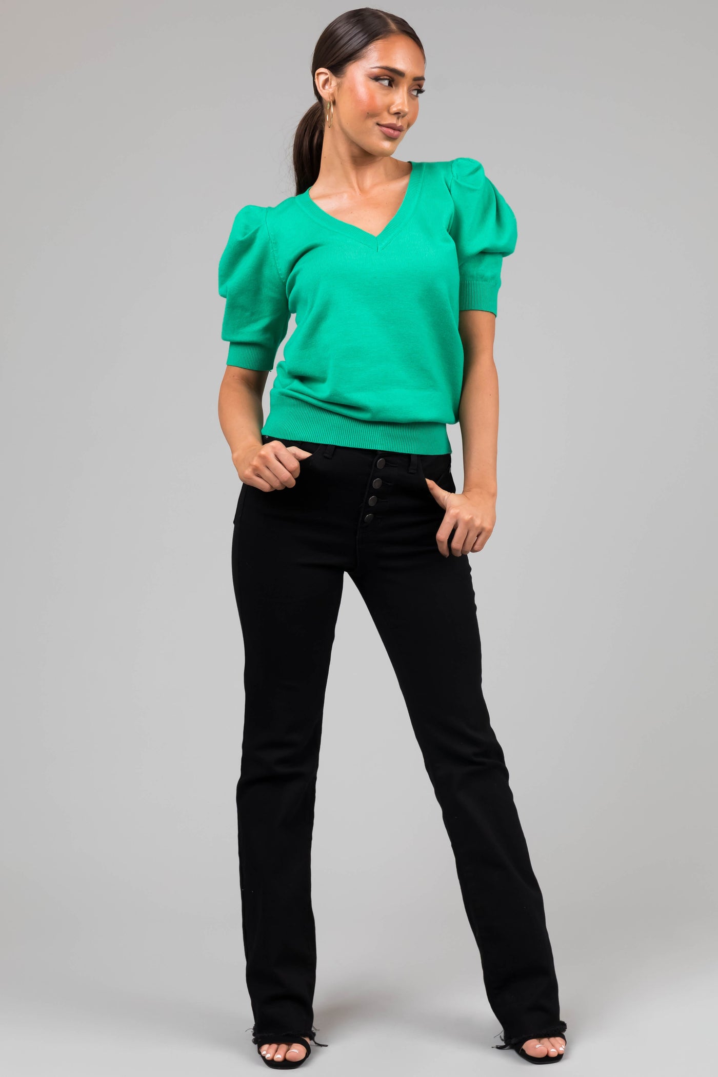 Kelly Green Half Puff Sleeve V Neck Soft Sweater