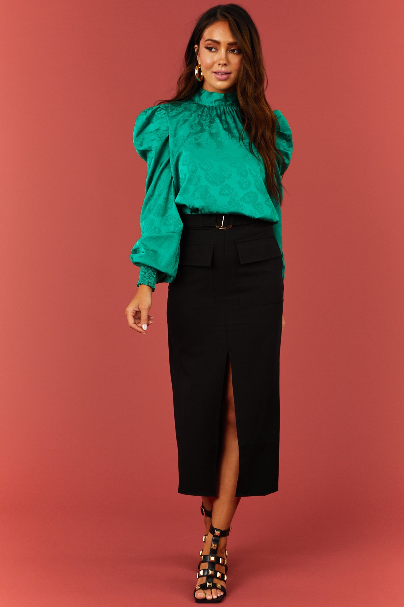 Kelly Green Leaf Jacquard Puff Shoulder Satin Top