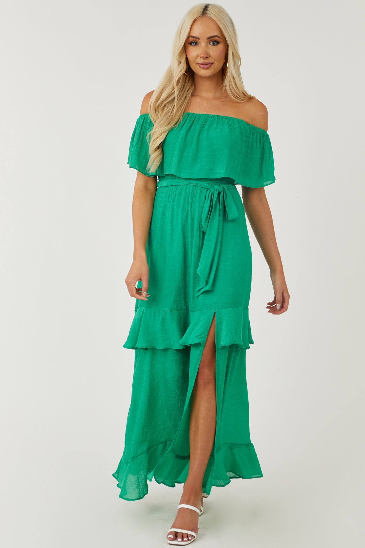 Kelly Green Ruffle Tiered Front Slit Maxi Dress