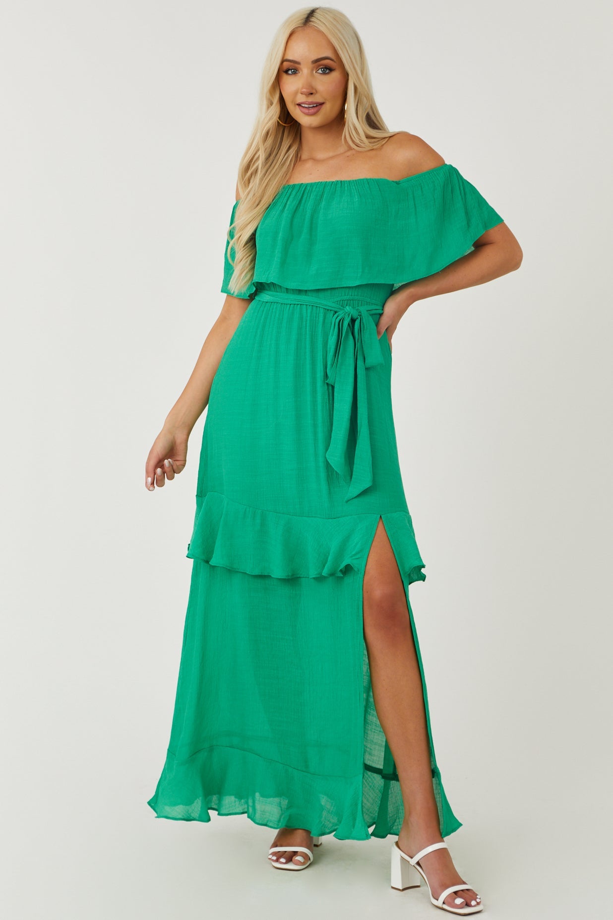 Kelly Green Ruffle Tiered Front Slit Maxi Dress