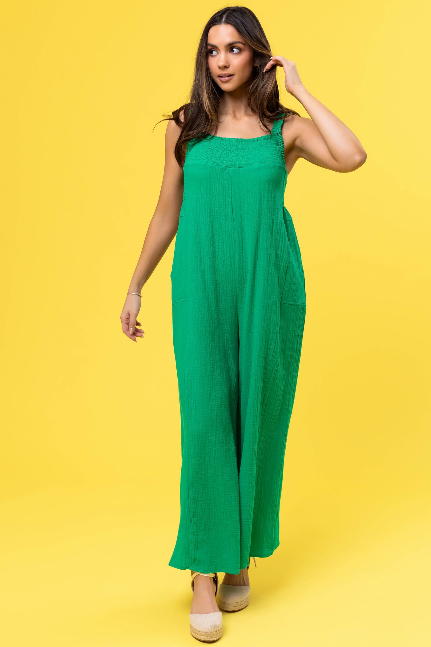 Kelly Green Sleeveless Wide Leg Jumpsuit