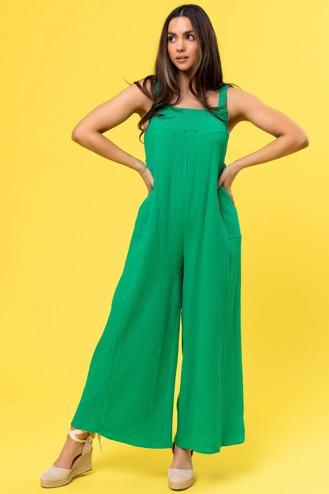 Kelly Green Sleeveless Wide Leg Jumpsuit