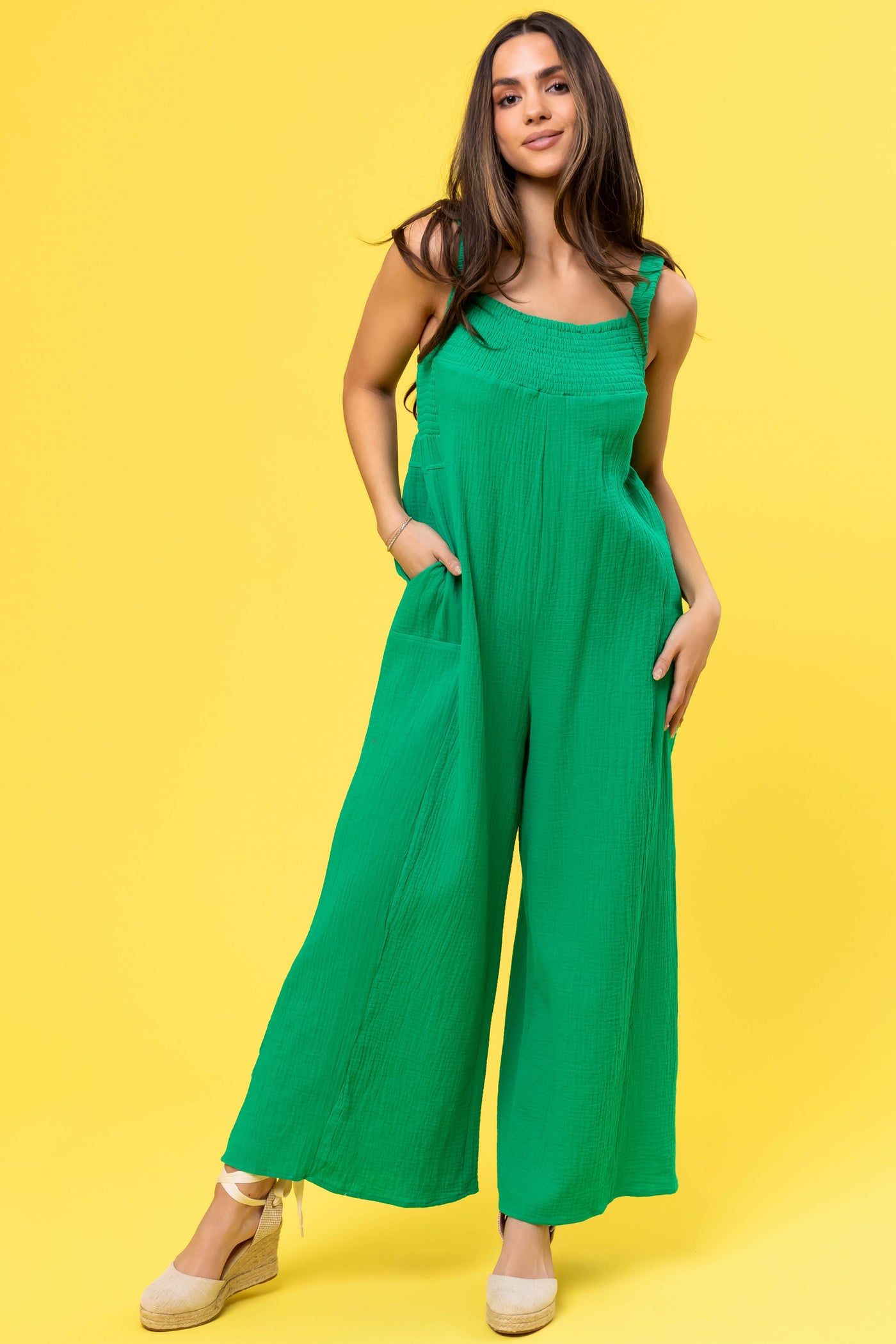 Kelly Green Sleeveless Wide Leg Jumpsuit