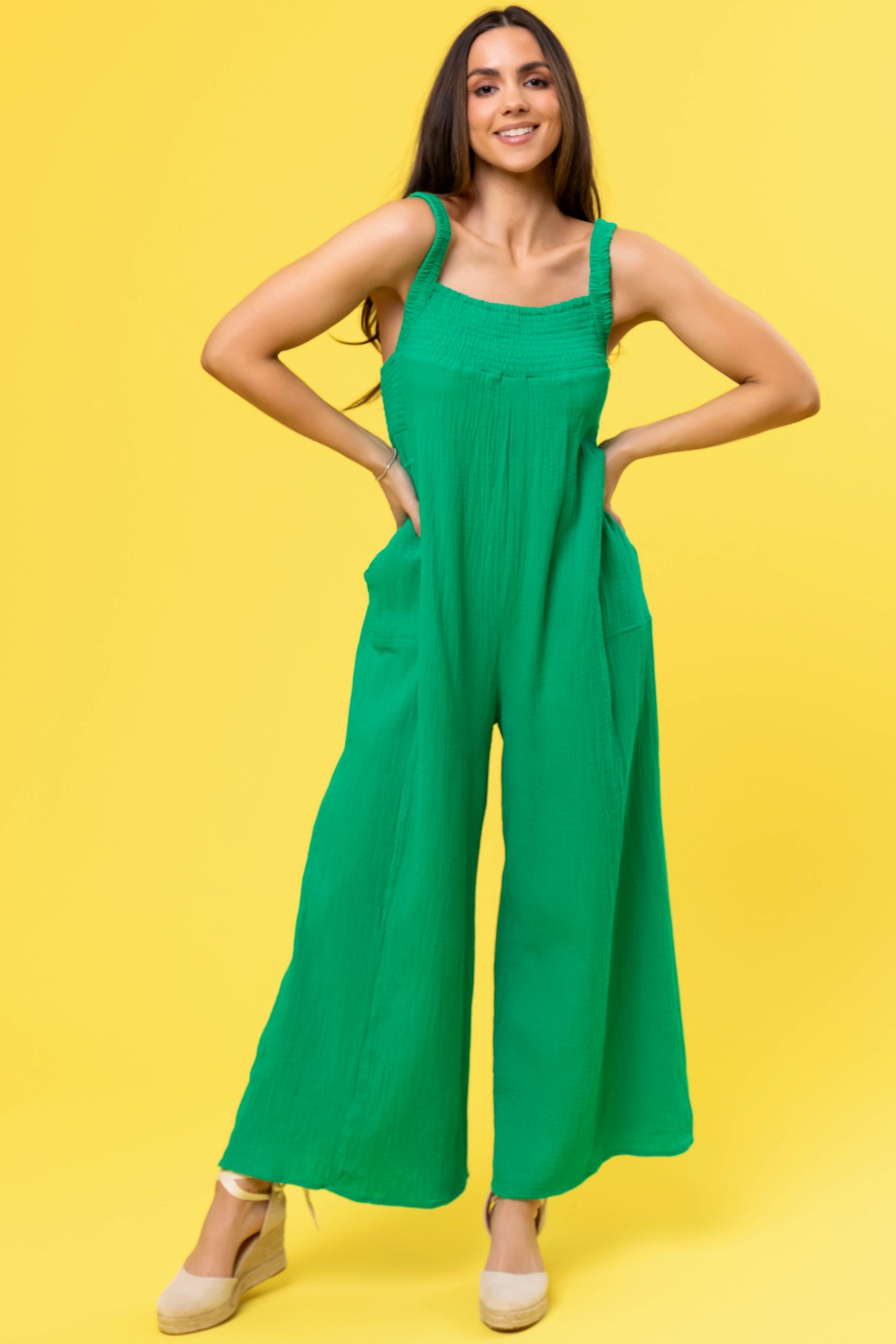 Kelly Green Sleeveless Wide Leg Jumpsuit
