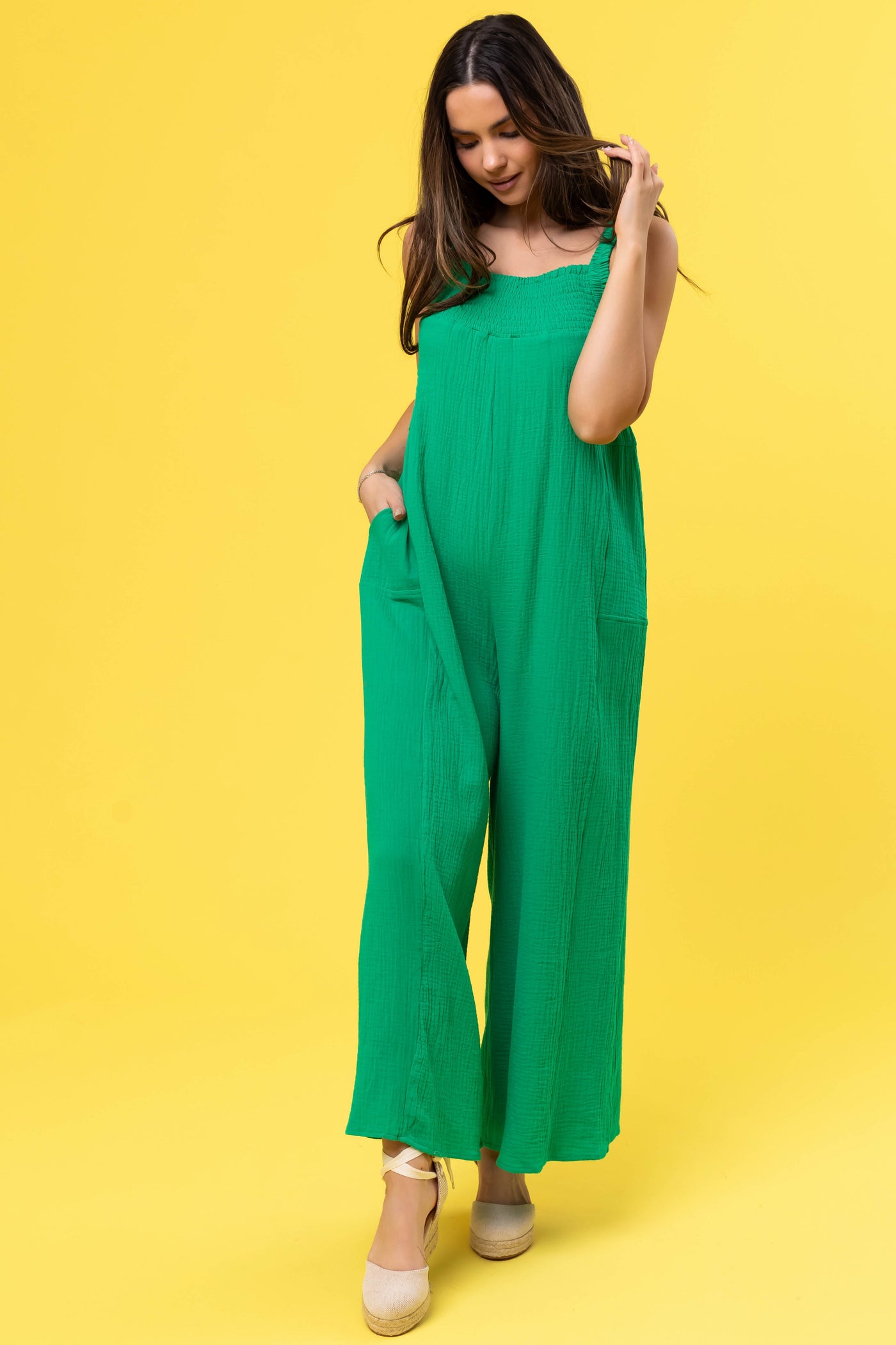 Kelly Green Sleeveless Wide Leg Jumpsuit