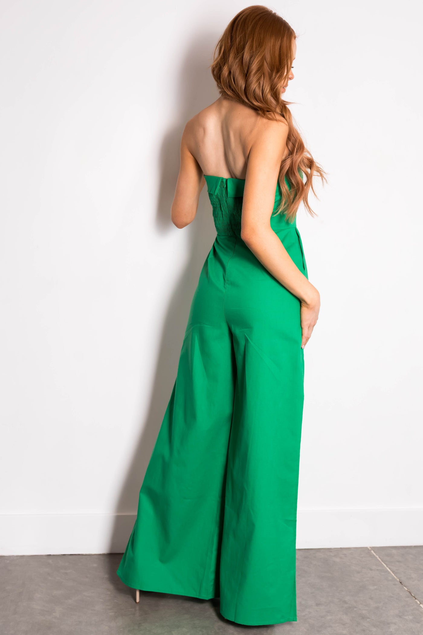 Kelly Green Strapless Slit Wide Leg Jumpsuit