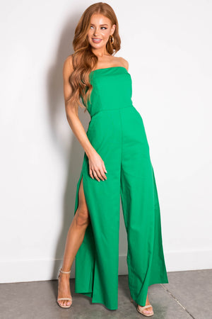 Kelly Green Strapless Slit Wide Leg Jumpsuit