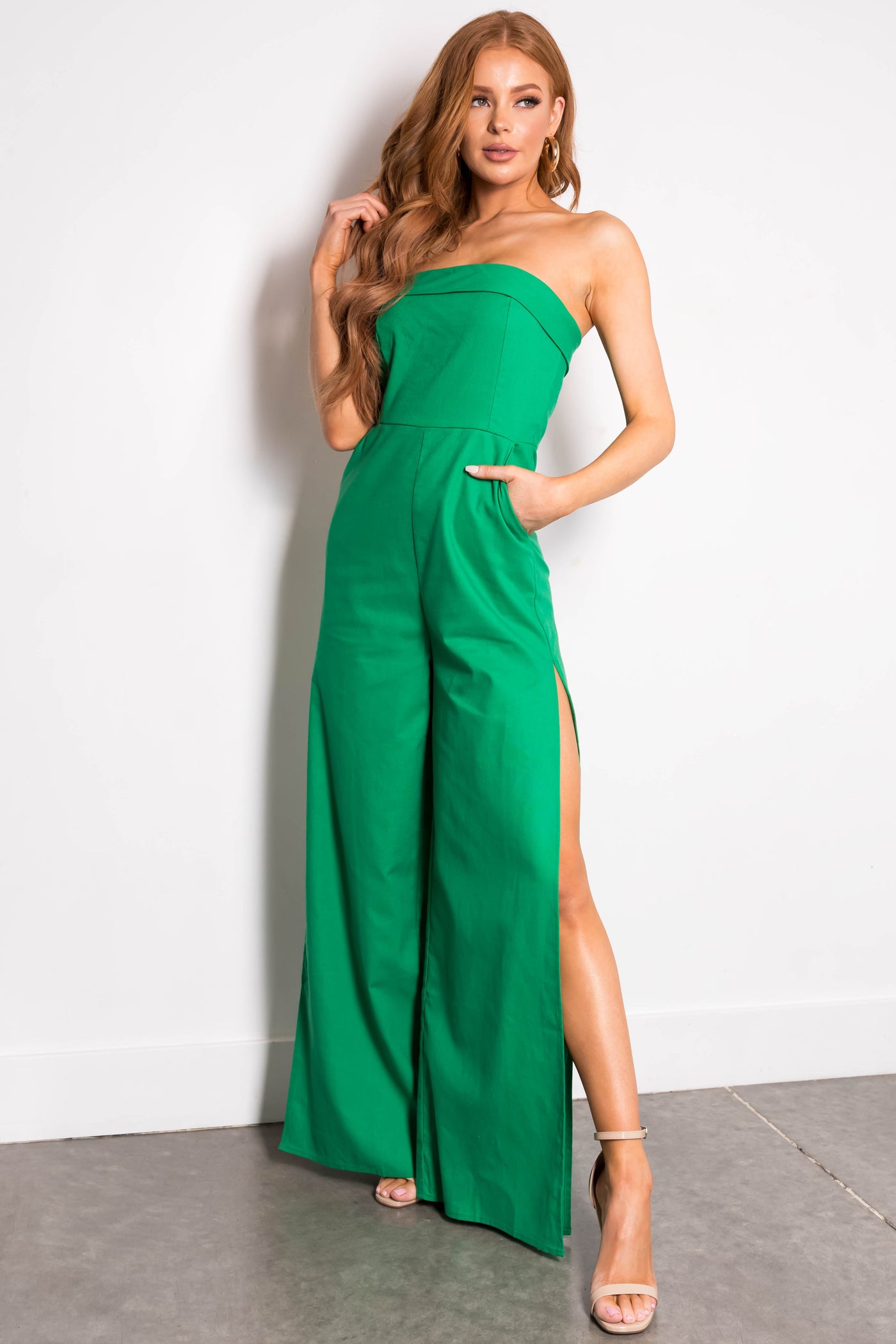 Kelly Green Strapless Slit Wide Leg Jumpsuit
