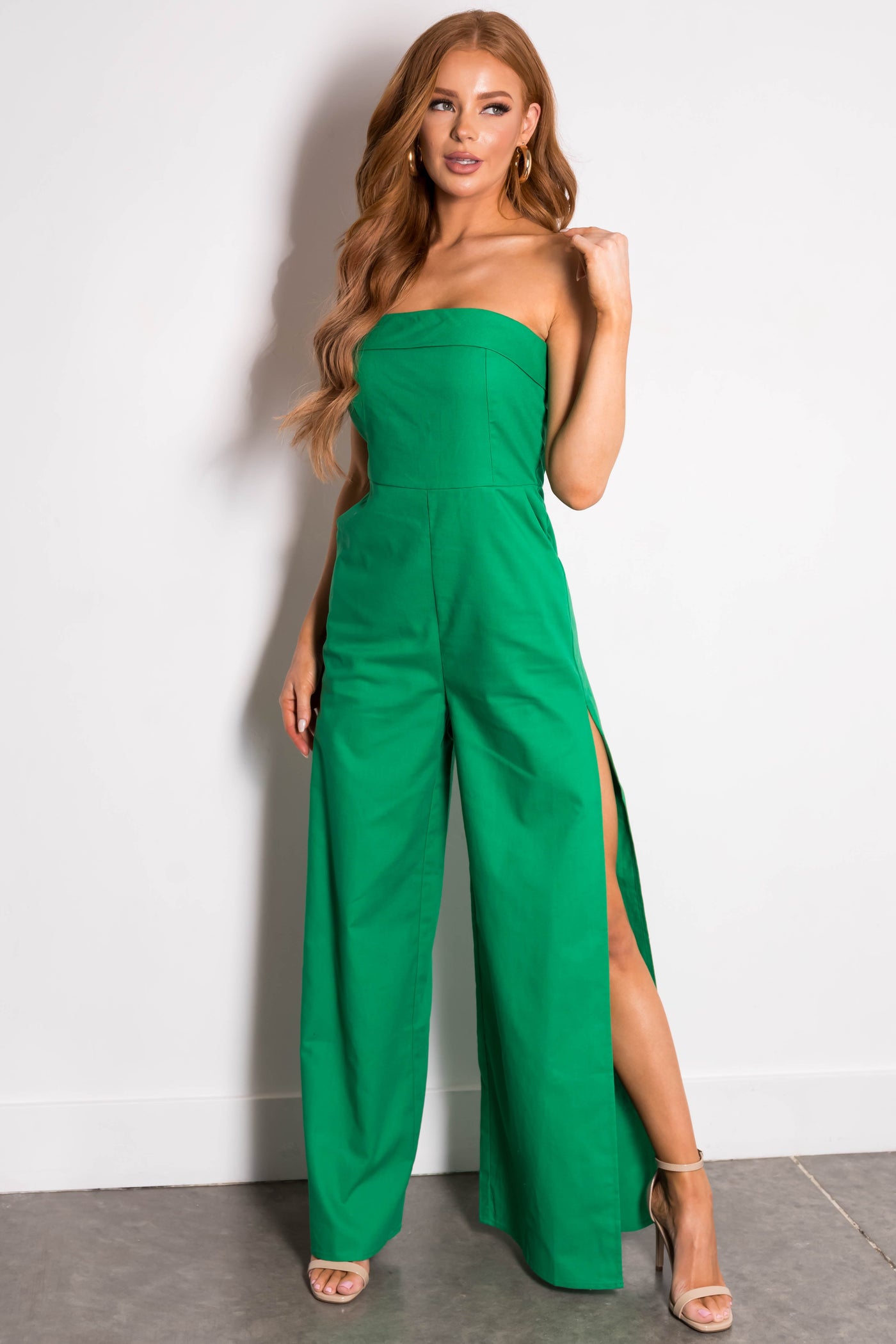 Kelly Green Strapless Slit Wide Leg Jumpsuit