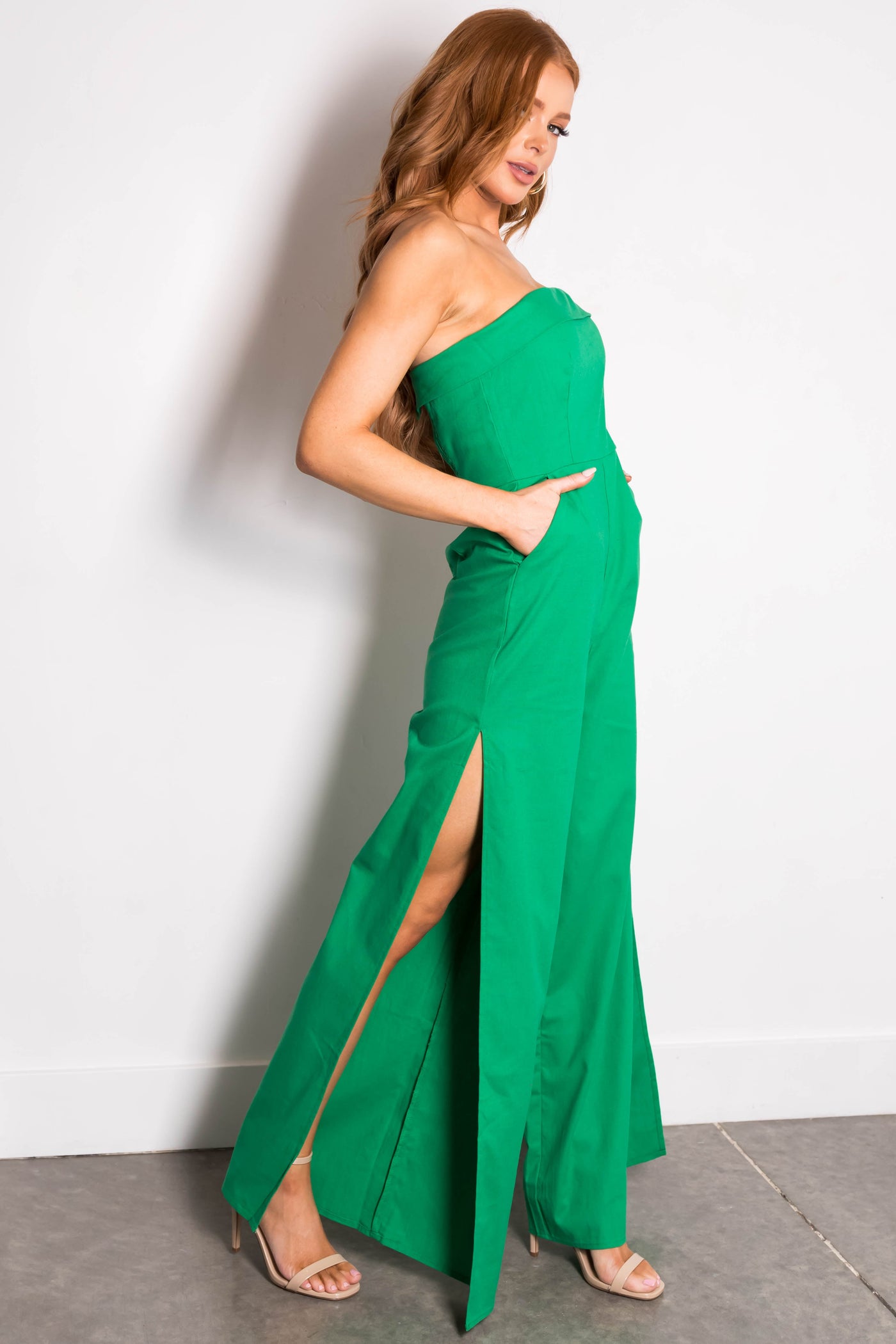 Kelly Green Strapless Slit Wide Leg Jumpsuit