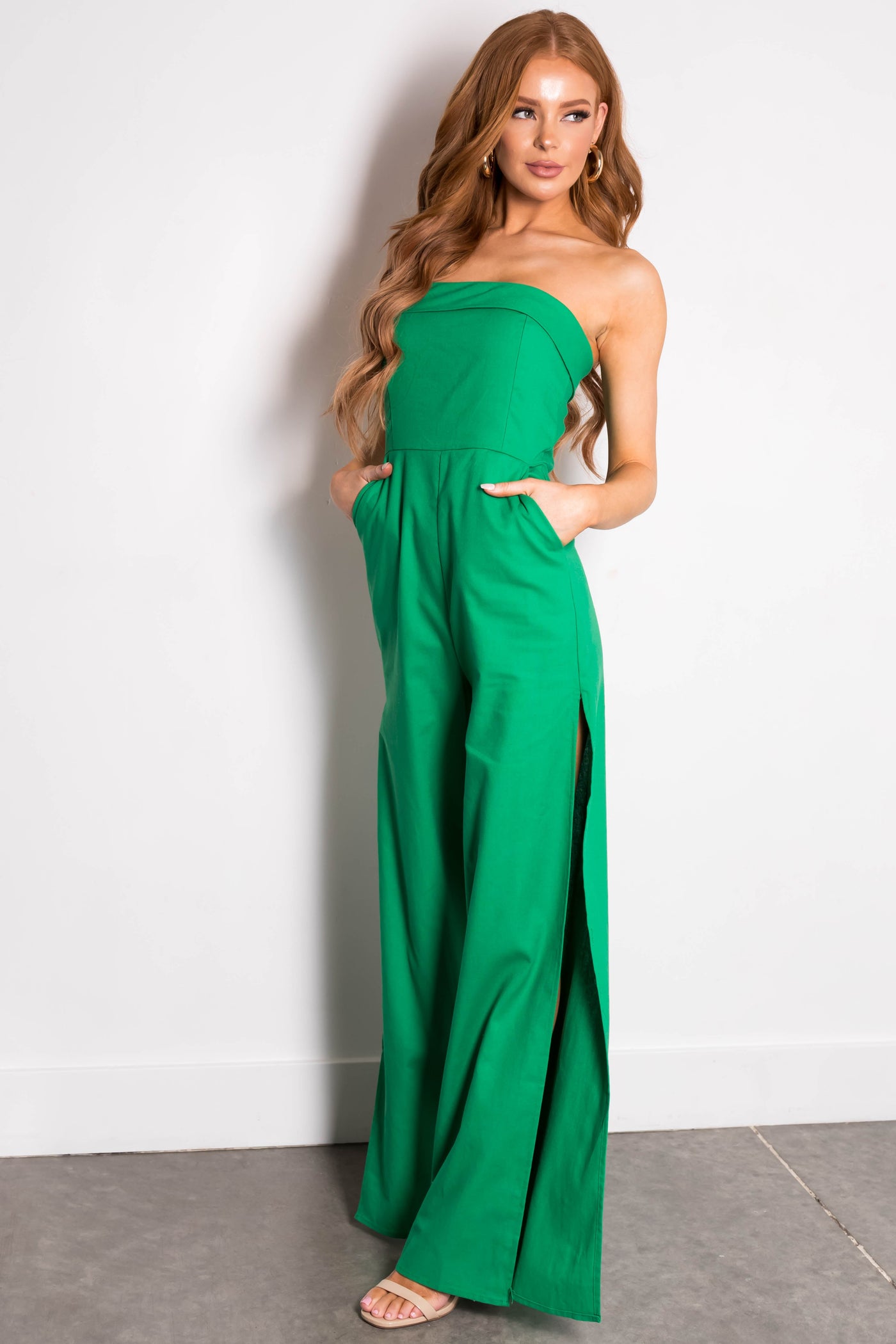 Kelly Green Strapless Slit Wide Leg Jumpsuit