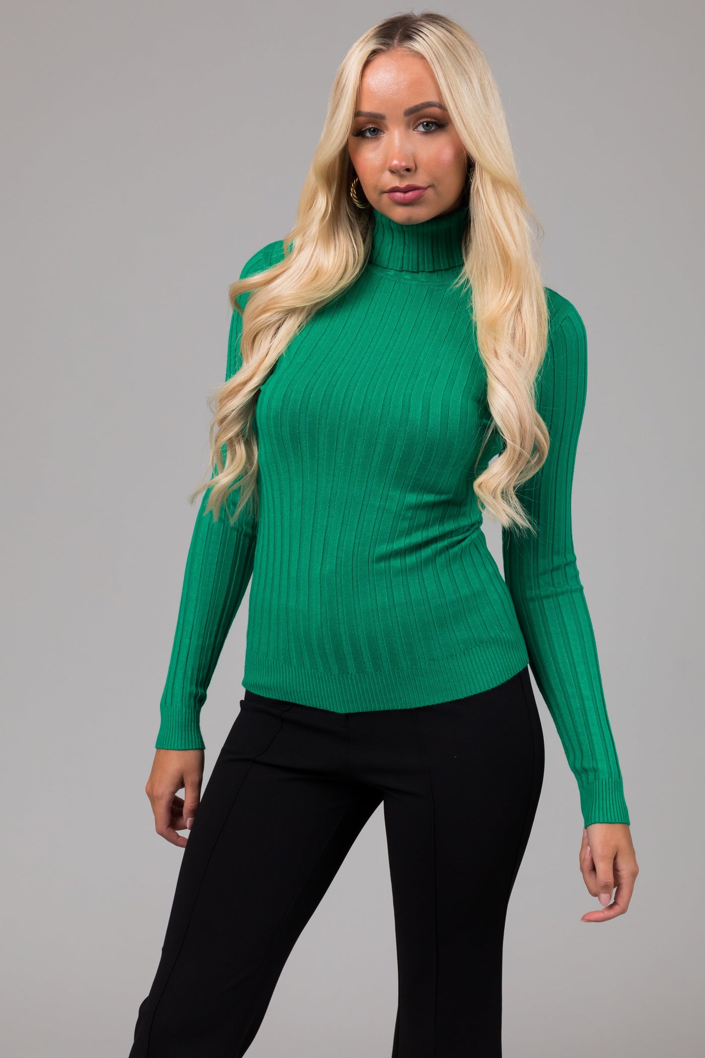 Kelly Green Turtleneck Long Sleeve Knit Sweater