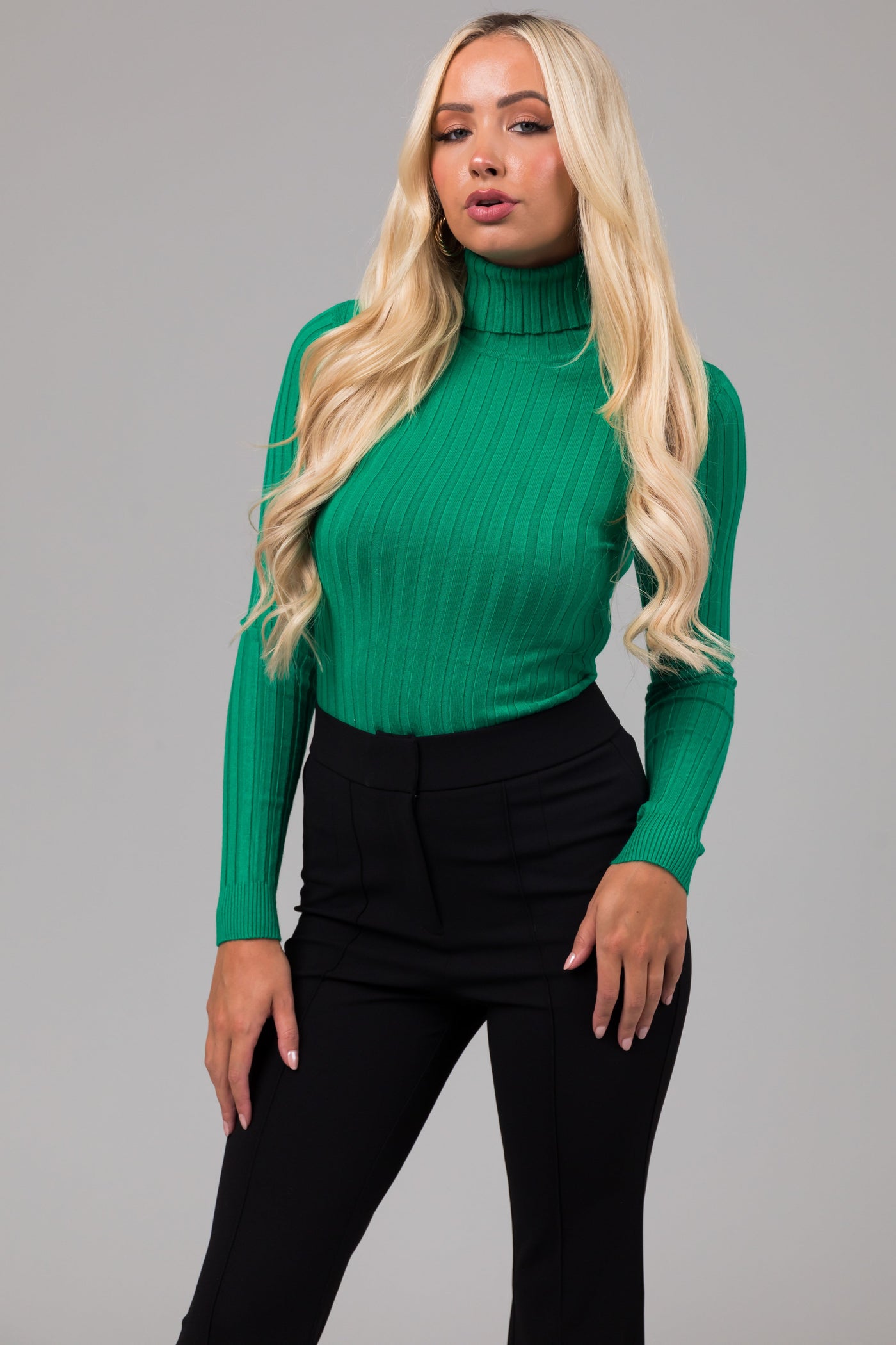 Kelly Green Turtleneck Long Sleeve Knit Sweater