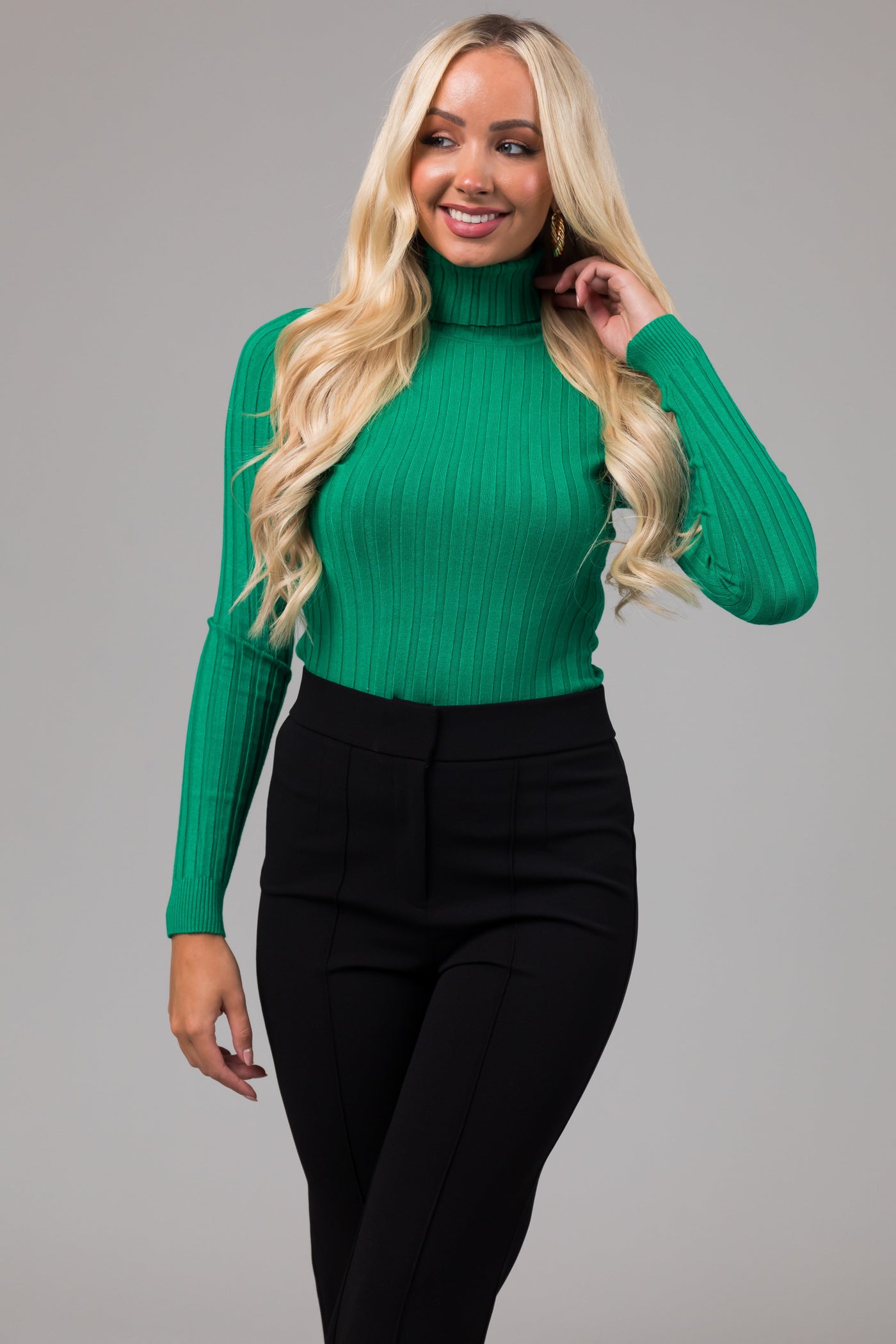 Kelly Green Turtleneck Long Sleeve Knit Sweater
