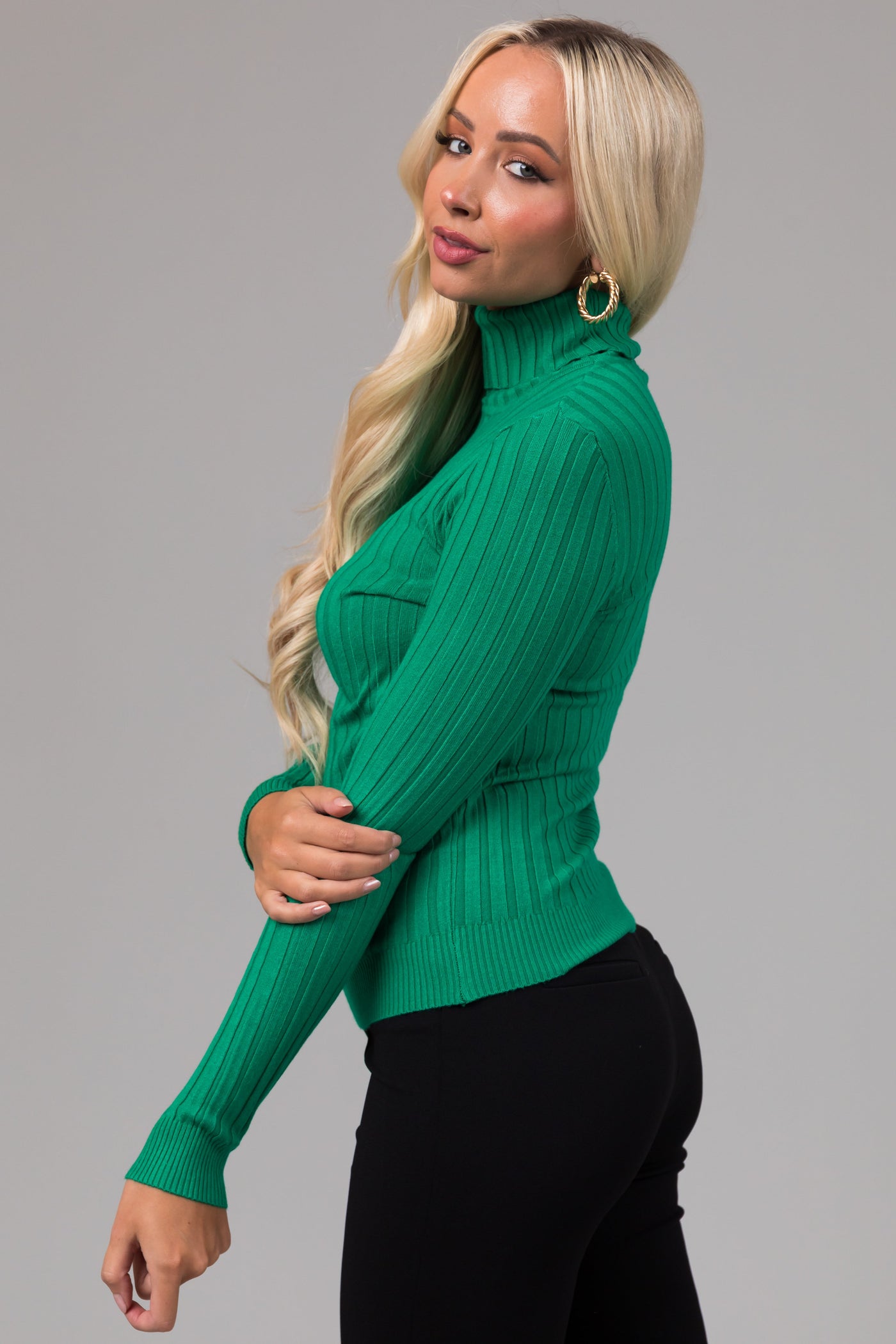 Kelly Green Turtleneck Long Sleeve Knit Sweater