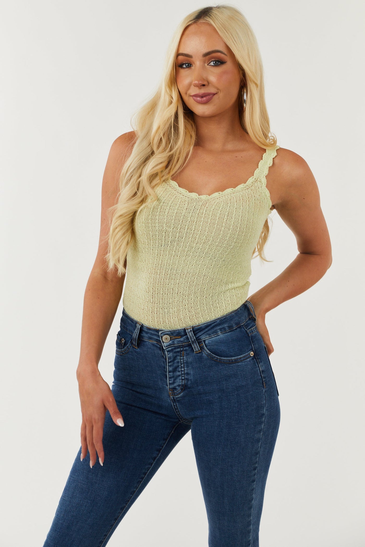 Key Lime Loose Knit Tank with Scalloped V Neck