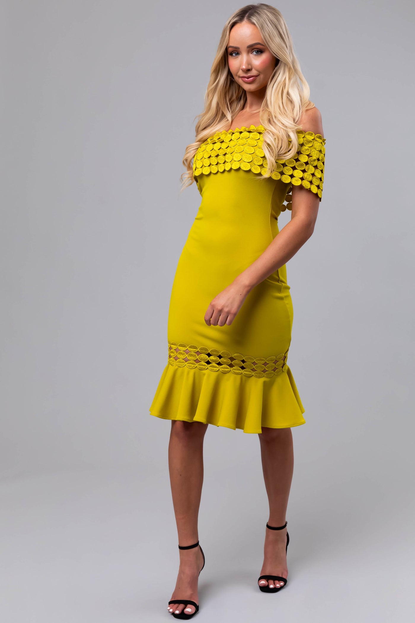 Key Lime Off Shoulder Circle Crochet Midi Dress