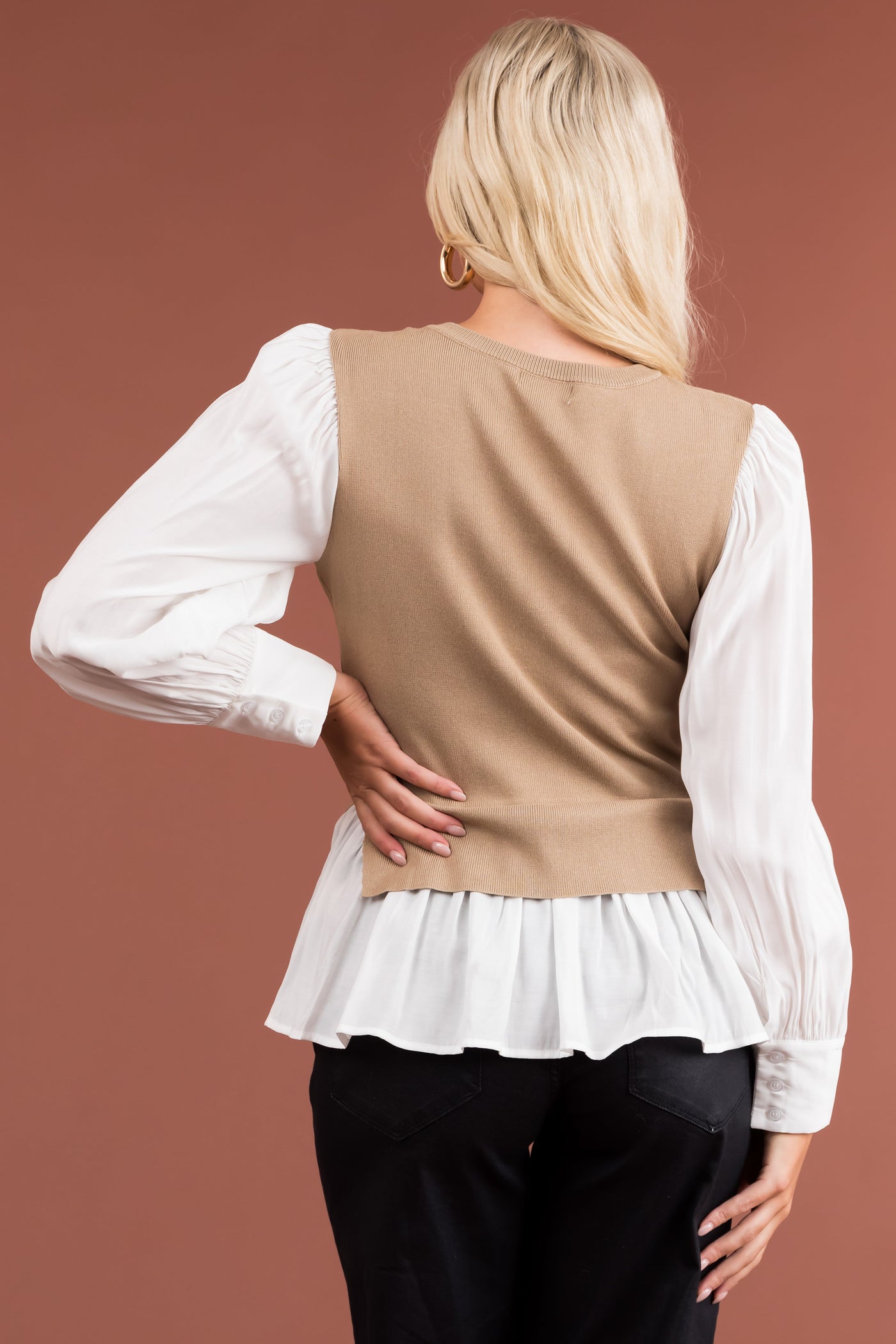 Khaki Layered Sweater Vest Blouse