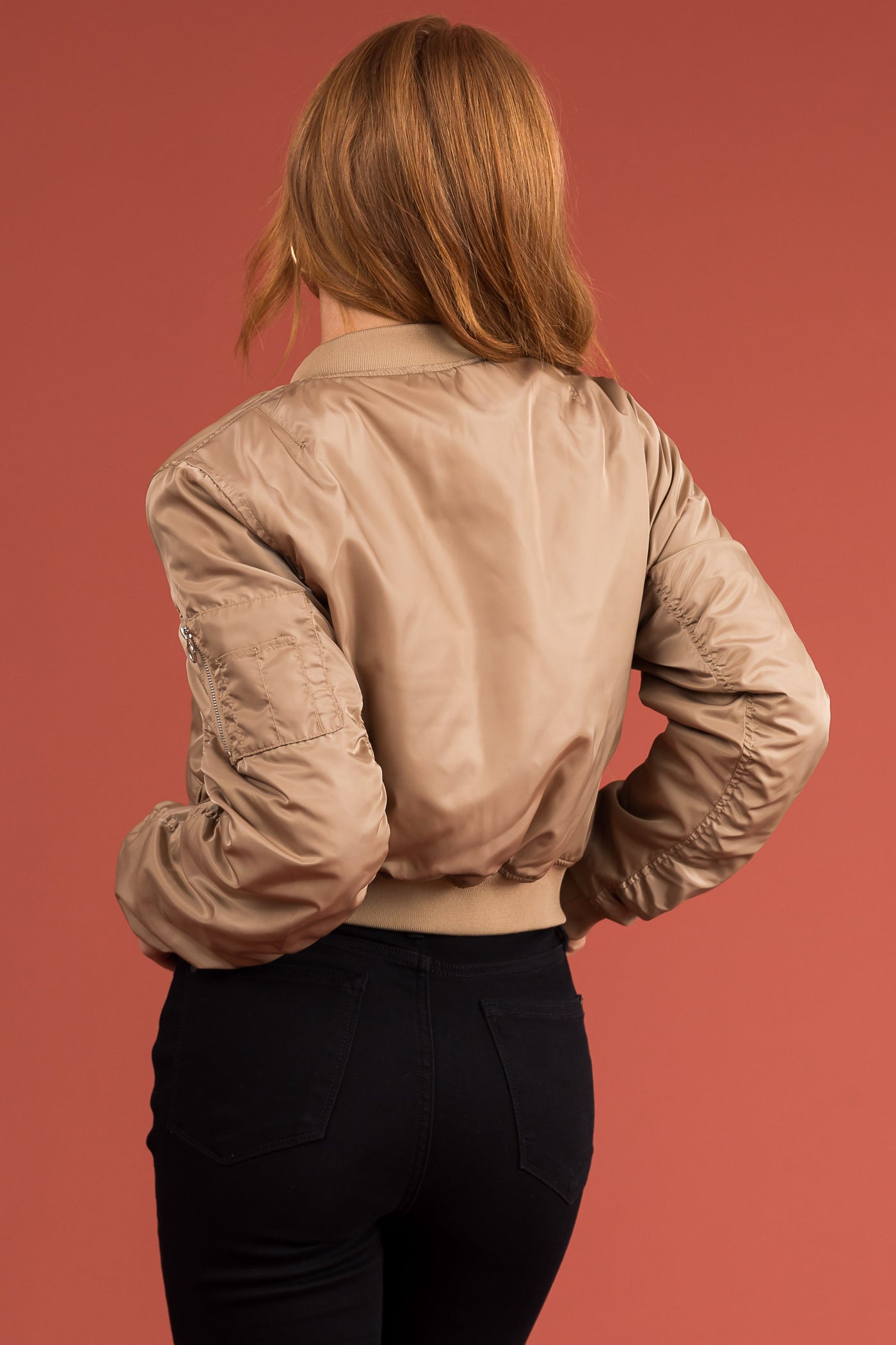 Khaki Long Sleeve Zip Up Cropped Bomber Jacket