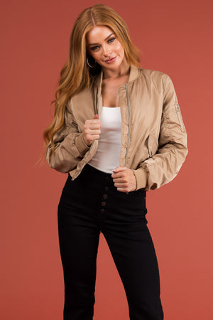 Khaki Long Sleeve Zip Up Cropped Bomber Jacket