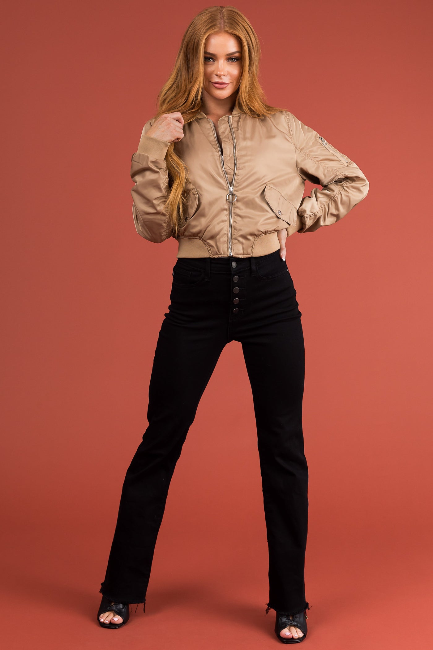 Khaki Long Sleeve Zip Up Cropped Bomber Jacket