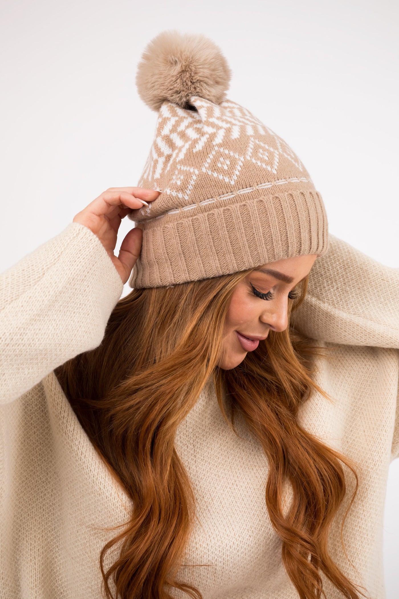 Khaki Printed Faux Fur Pom Pom Beanie