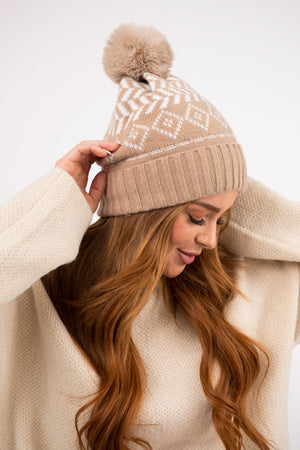 Khaki Printed Faux Fur Pom Pom Beanie