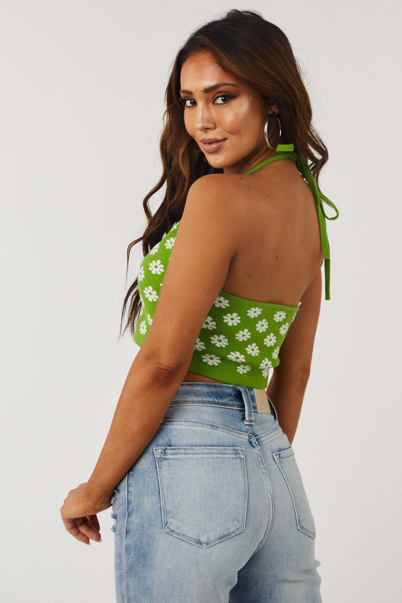Kiwi Daisy Print Sweater Knit Halter Crop Top
