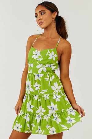 Kiwi Floral Strappy Open Back Tiered Mini Dress