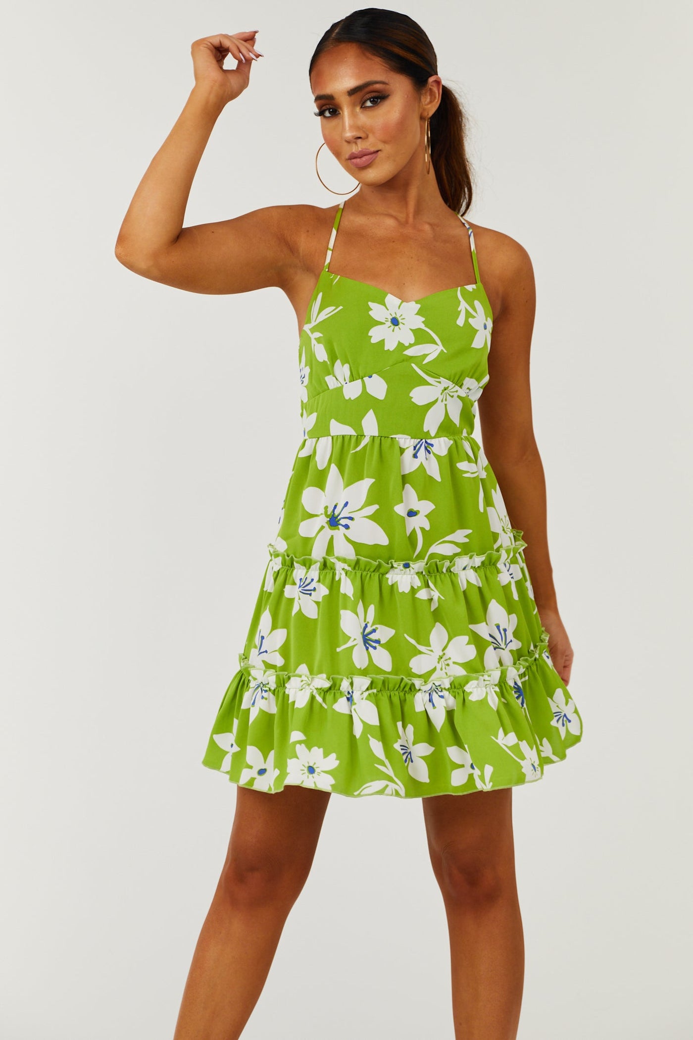 Kiwi Floral Strappy Open Back Tiered Mini Dress