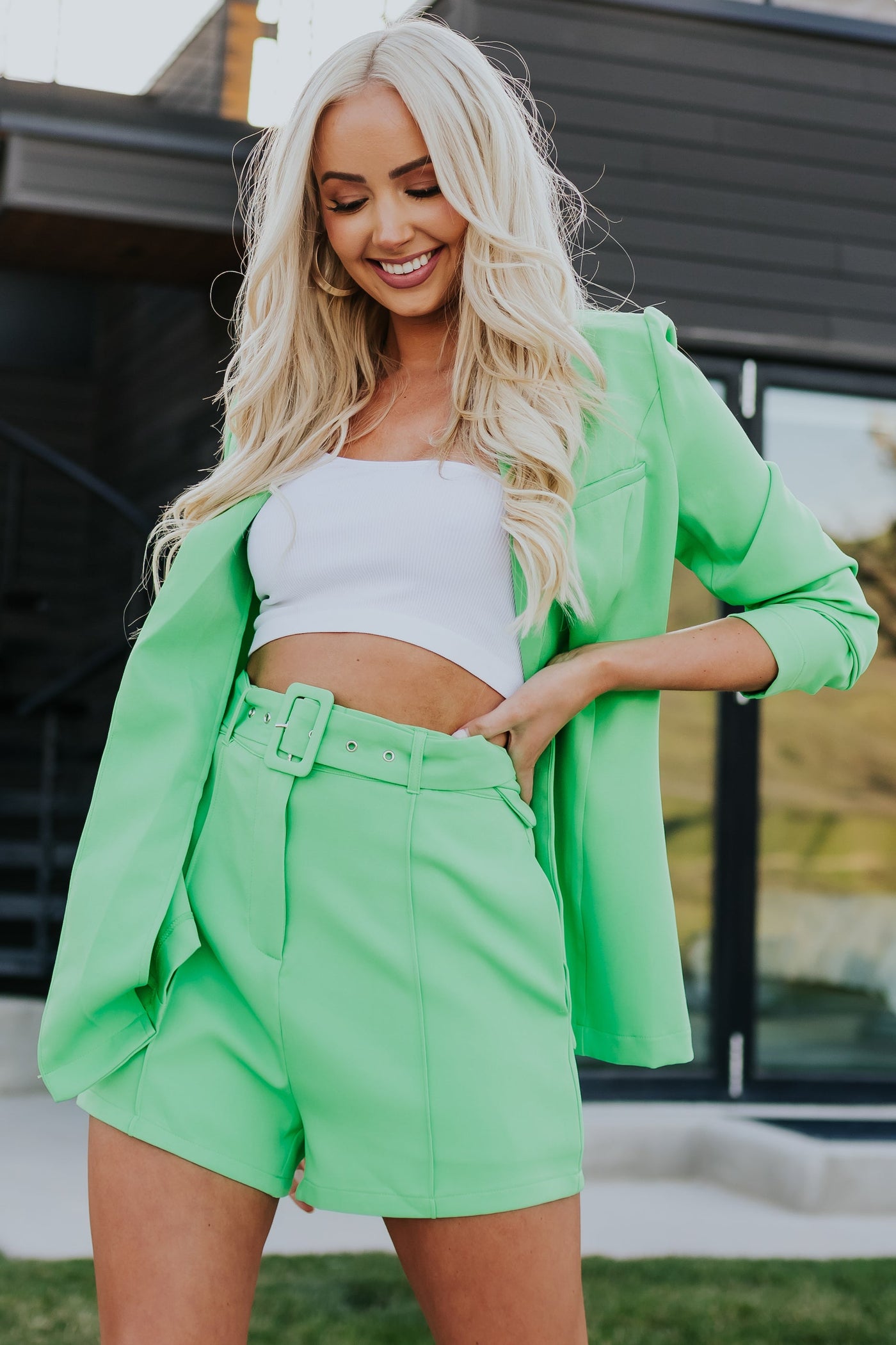 Kiwi Open Blazer and Belted Shorts Set
