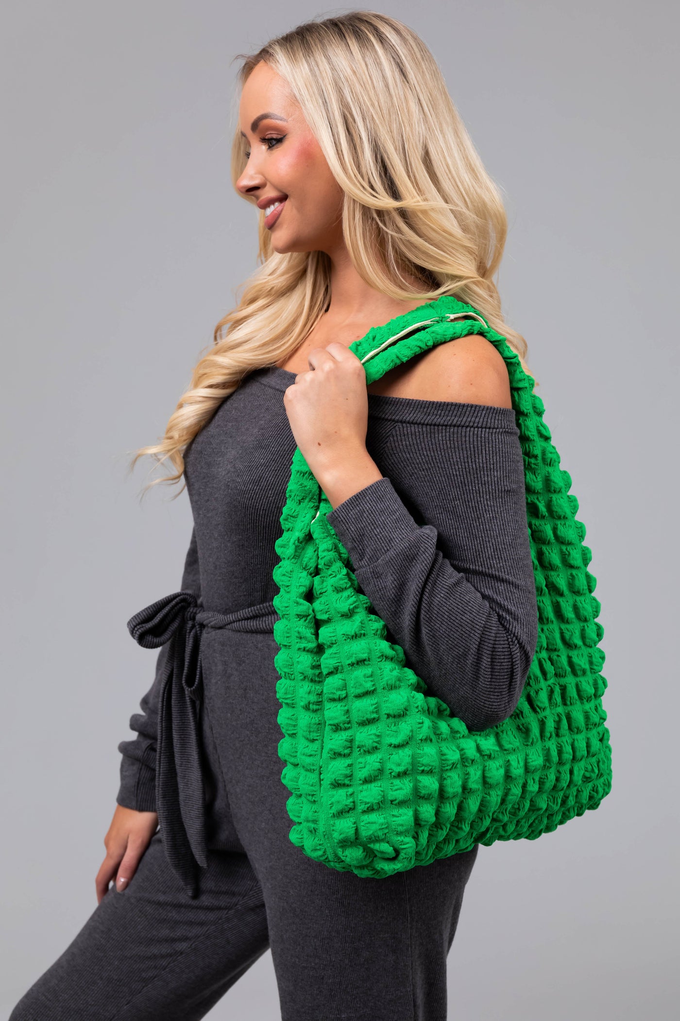 Kiwi Puff Square Textured Handbag