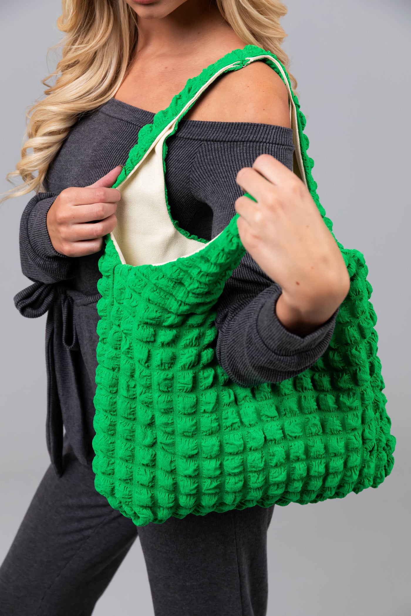 Kiwi Puff Square Textured Handbag